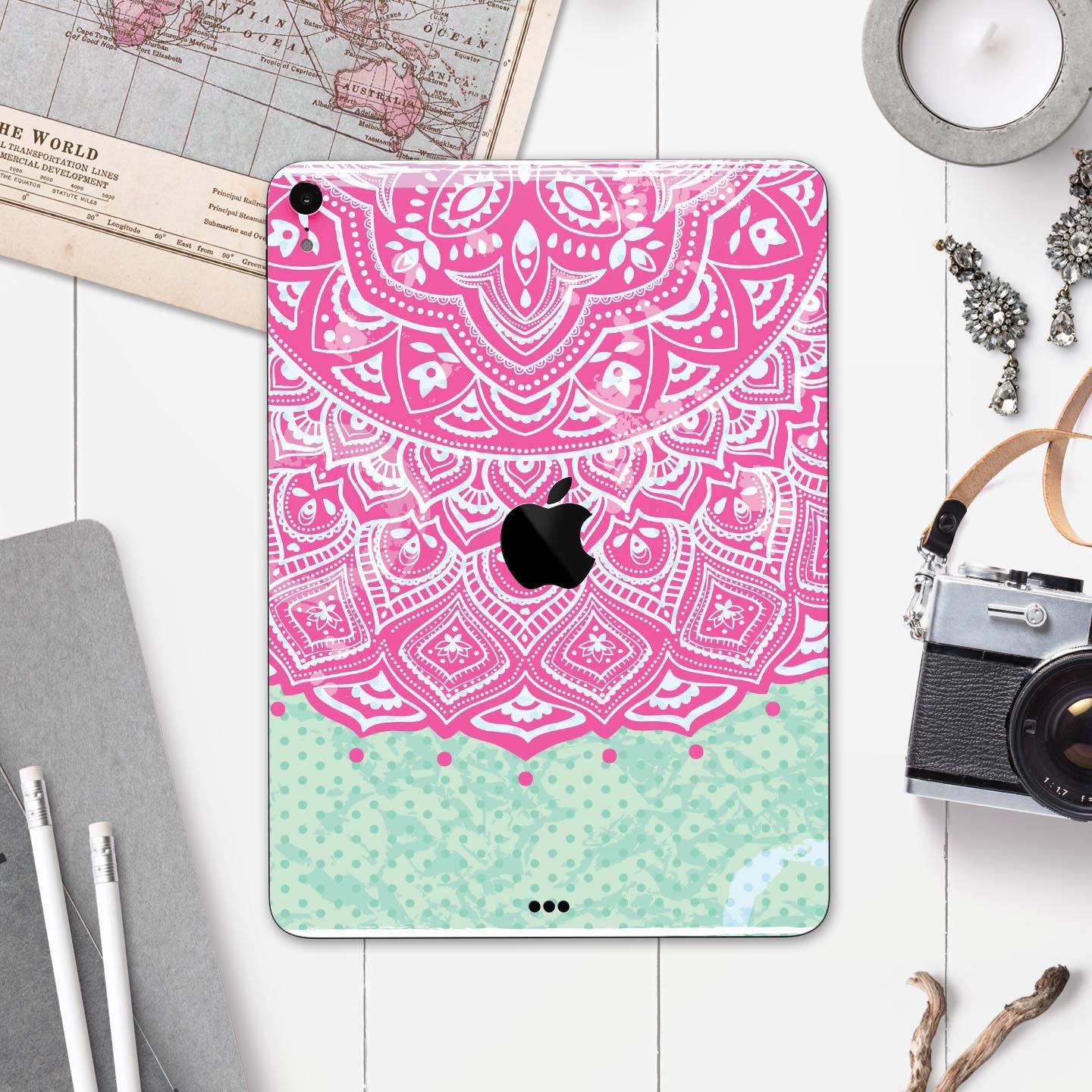 Green and Pink Tribal v3 Full Body Skin Decal for Apple iPad Pro, showcasing vibrant tribal patterns and premium finish.