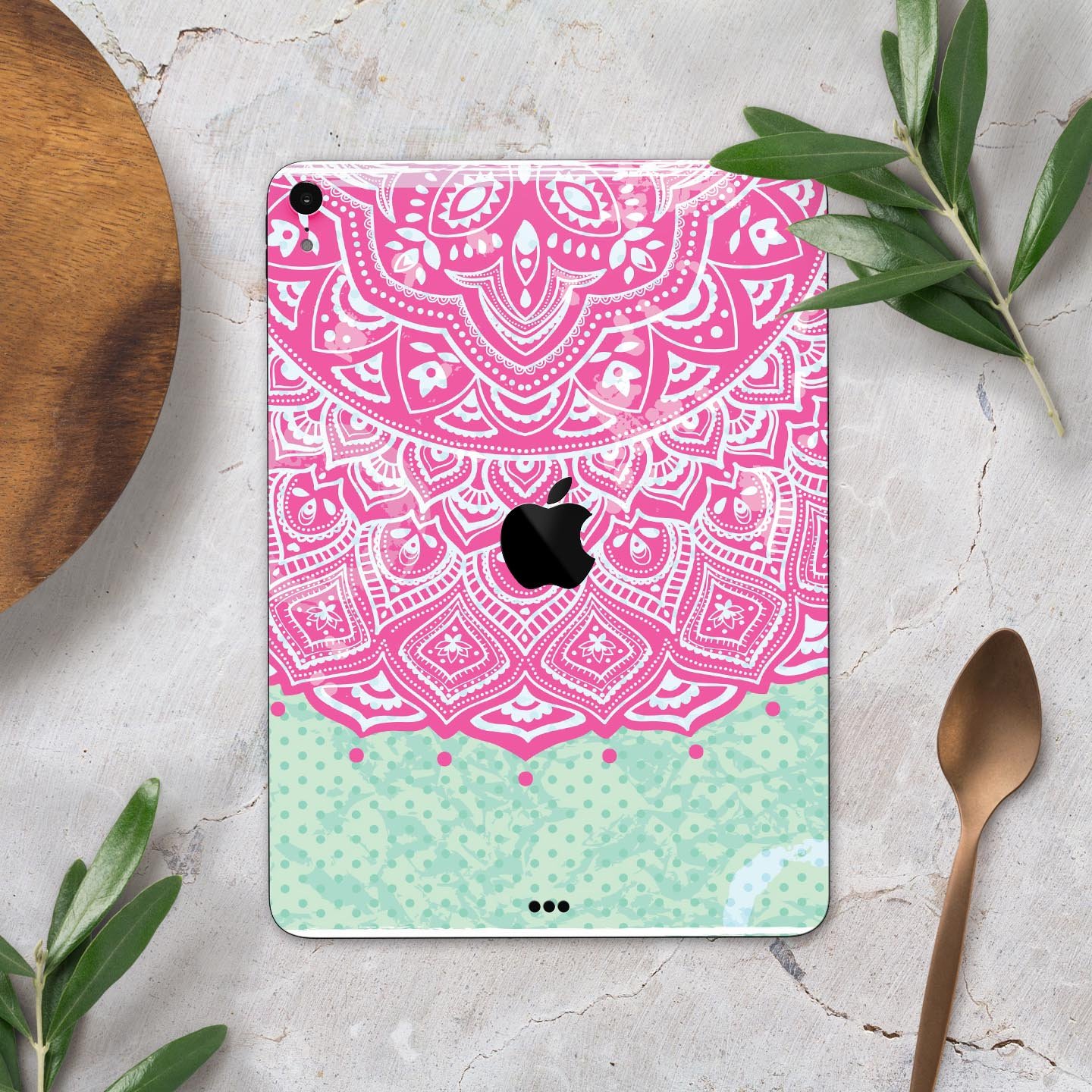 Green and Pink Tribal v3 Full Body Skin Decal for Apple iPad Pro, showcasing vibrant tribal patterns and premium finish.