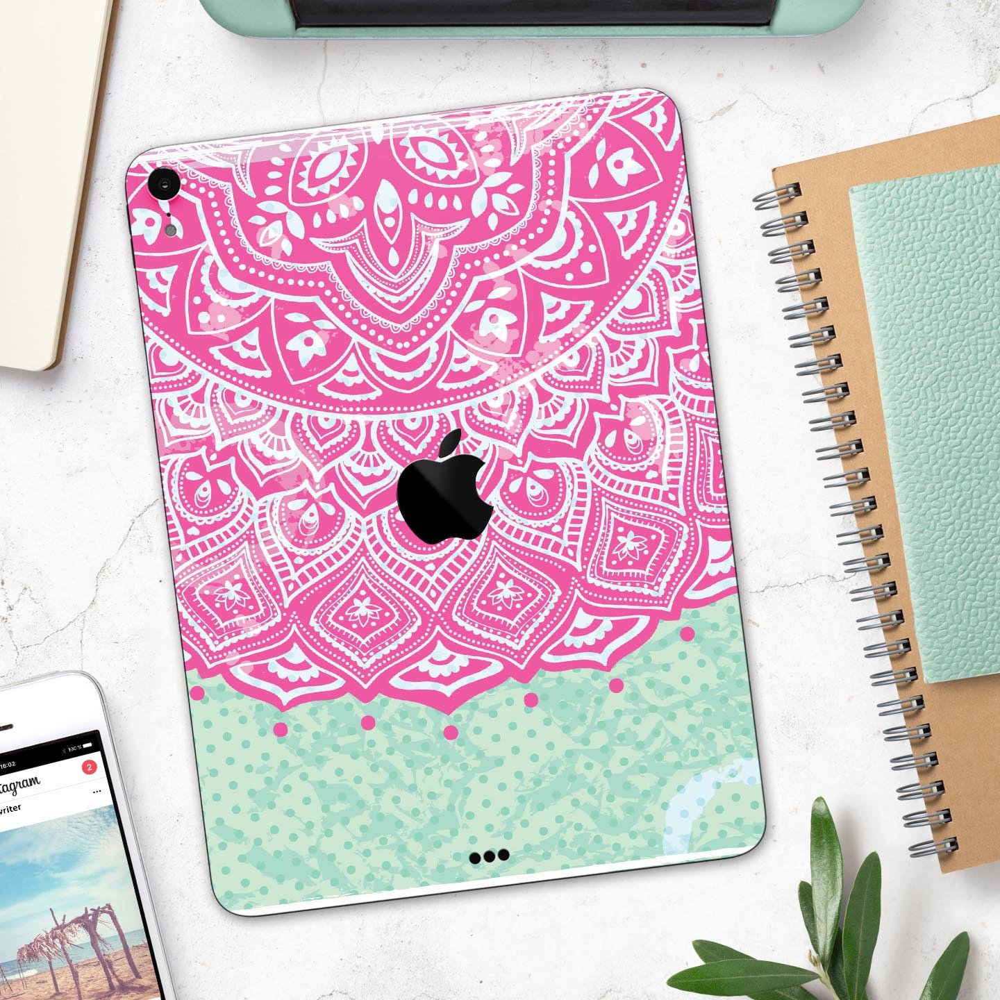 Green and Pink Tribal v3 Full Body Skin Decal for Apple iPad Pro, showcasing vibrant tribal patterns and premium finish.