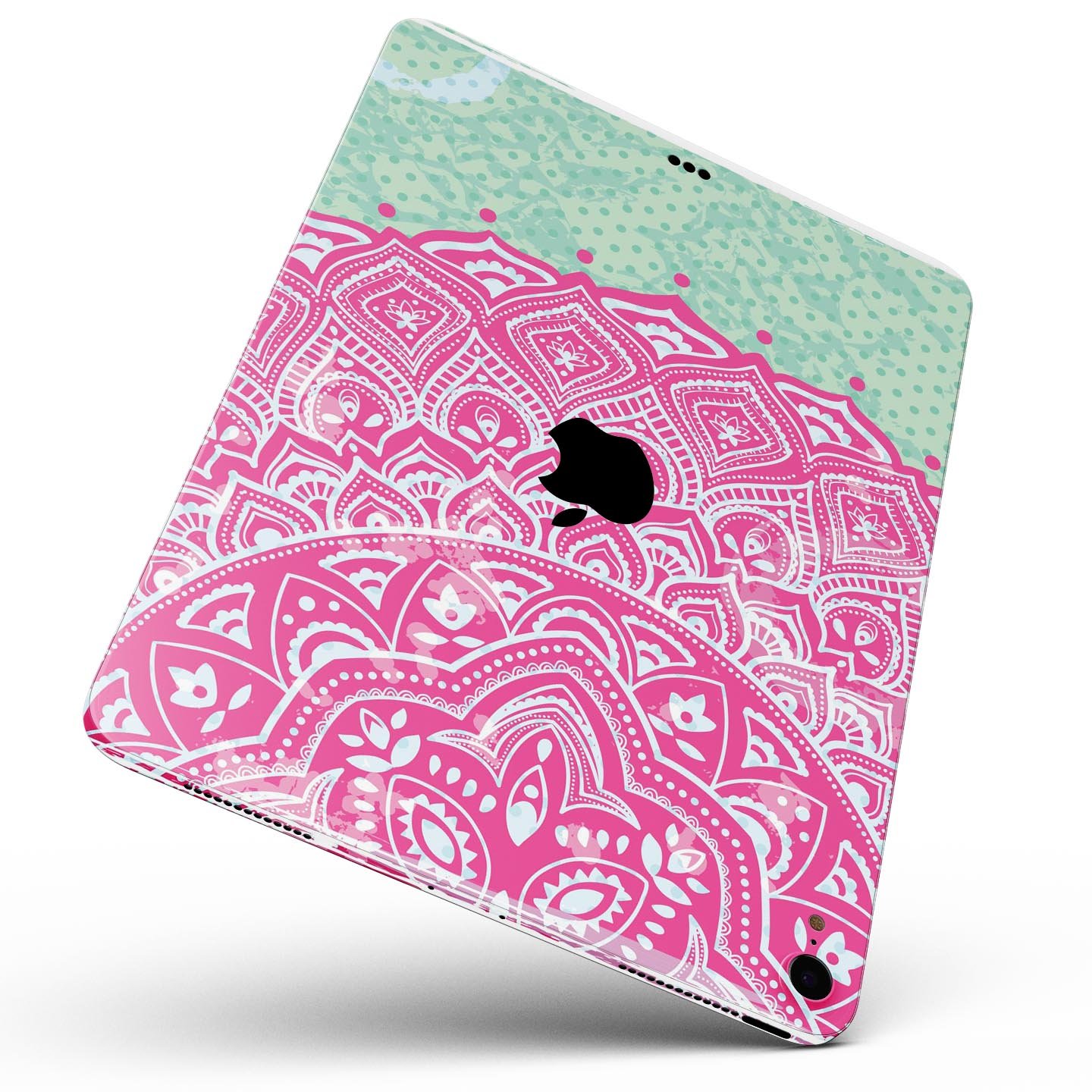 Green and Pink Tribal v3 Full Body Skin Decal for Apple iPad Pro, showcasing vibrant tribal patterns and premium finish.