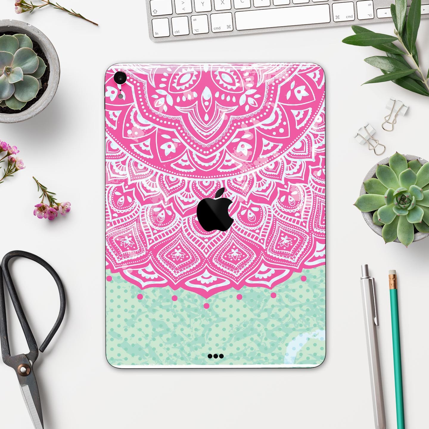 Green and Pink Tribal v3 Full Body Skin Decal for Apple iPad Pro, showcasing vibrant tribal patterns and premium finish.