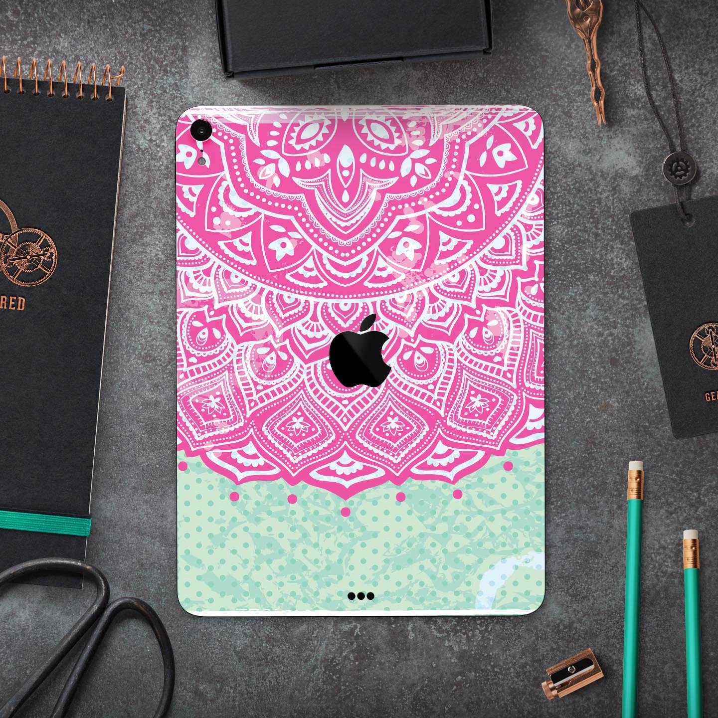 Green and Pink Tribal v3 Full Body Skin Decal for Apple iPad Pro, showcasing vibrant tribal patterns and premium finish.