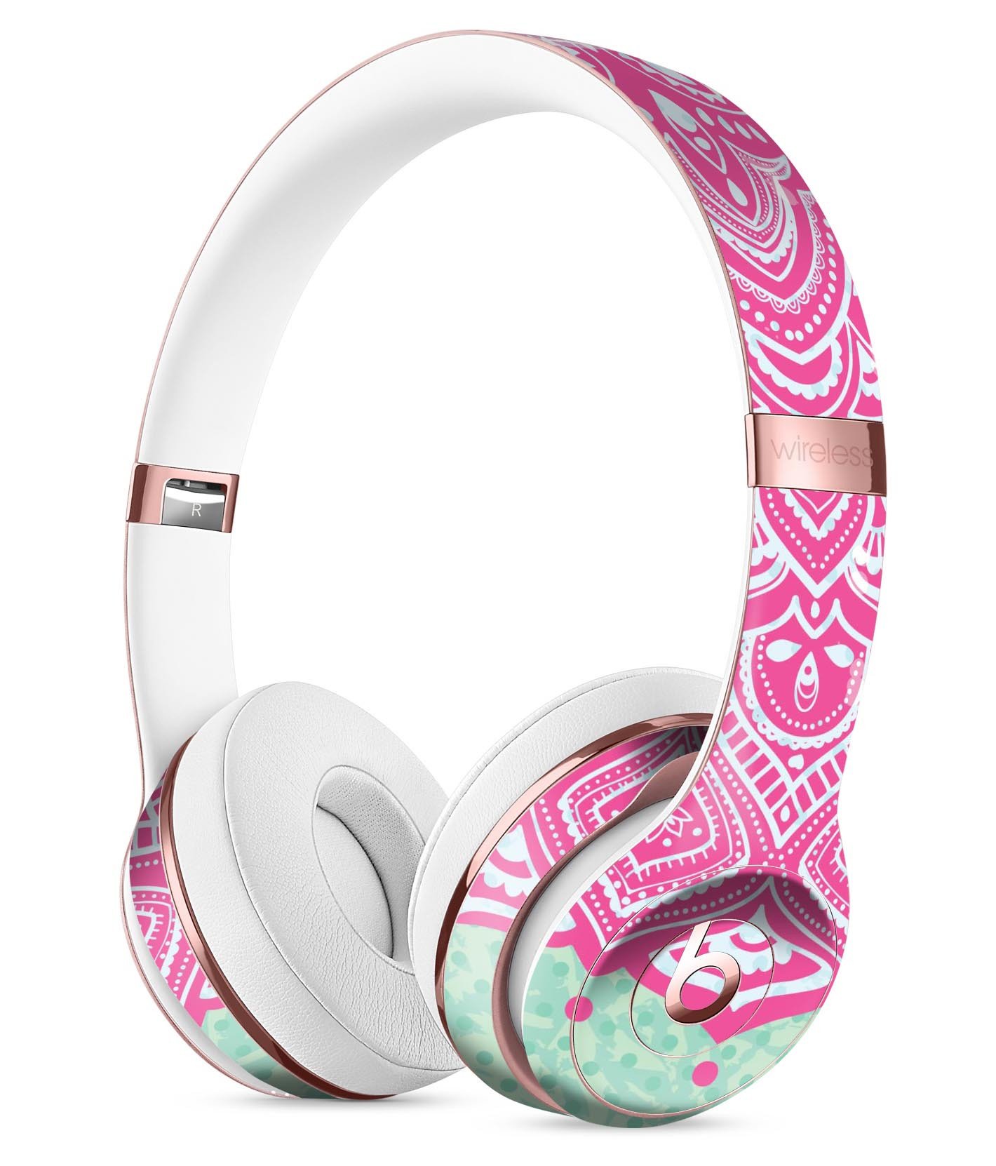 Green and Pink Tribal v3 Full-Body Skin Kit for Beats by Dre Solo 3 Wireless Headphones, showcasing vibrant tribal patterns.