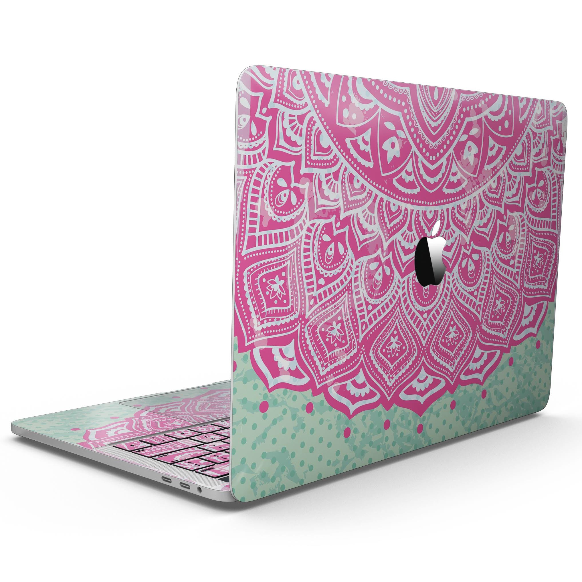 Green and Pink Tribal v3 skin kit for MacBook Pro with Touch Bar, showcasing vibrant tribal patterns on premium vinyl.