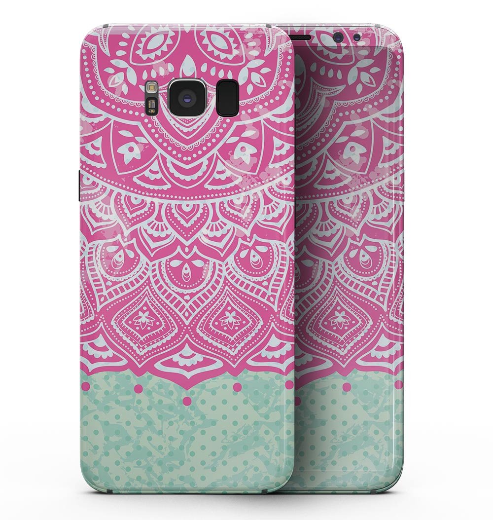Green and Pink Tribal v3 skin kit for Samsung Galaxy S8, showcasing vibrant tribal patterns and premium vinyl material.