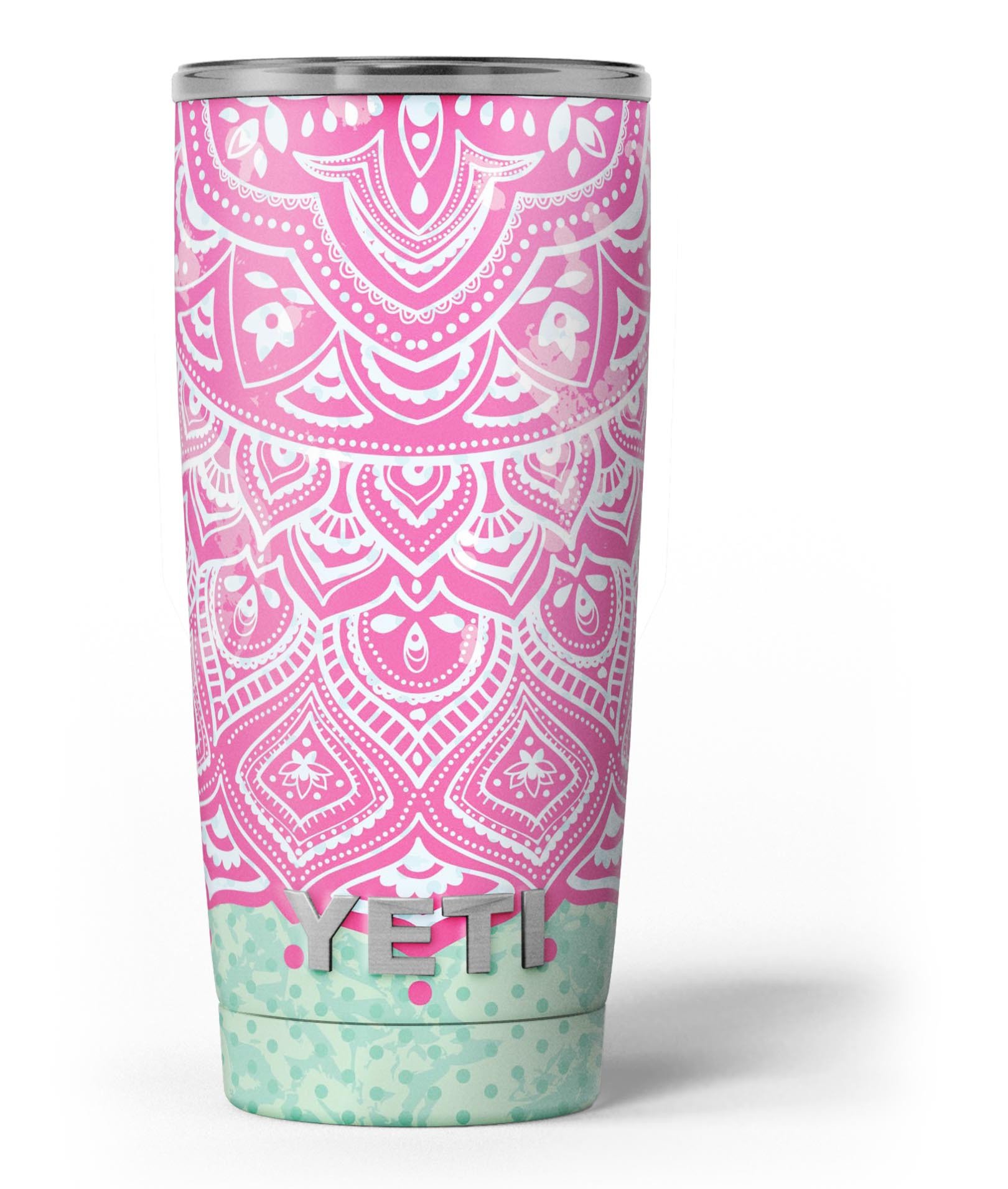 Green and Pink Tribal v3 skin decal vinyl wrap kit for Yeti Cooler, showcasing vibrant colors and unique tribal design.