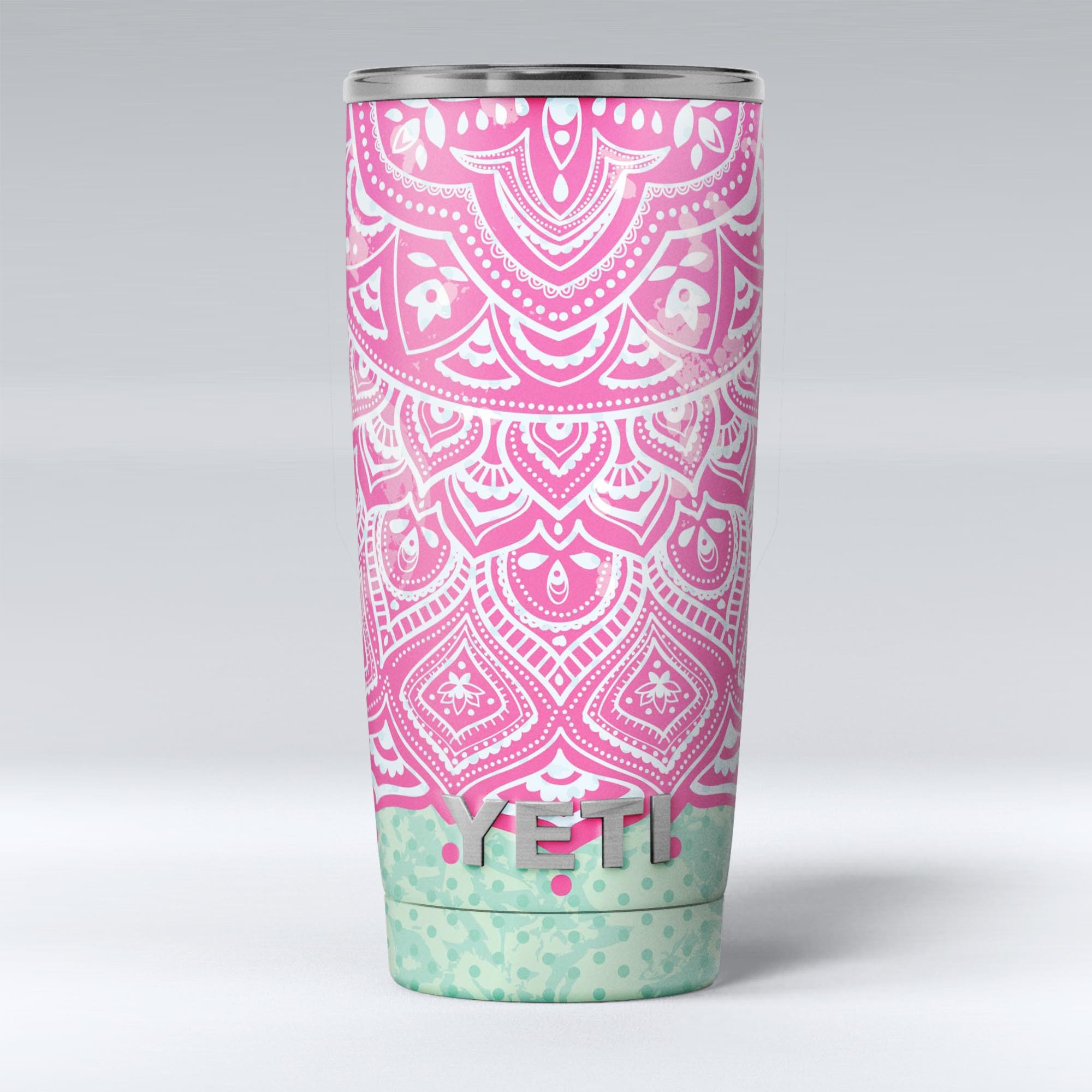 Green and Pink Tribal v3 skin decal vinyl wrap kit for Yeti Cooler, showcasing vibrant colors and unique tribal design.