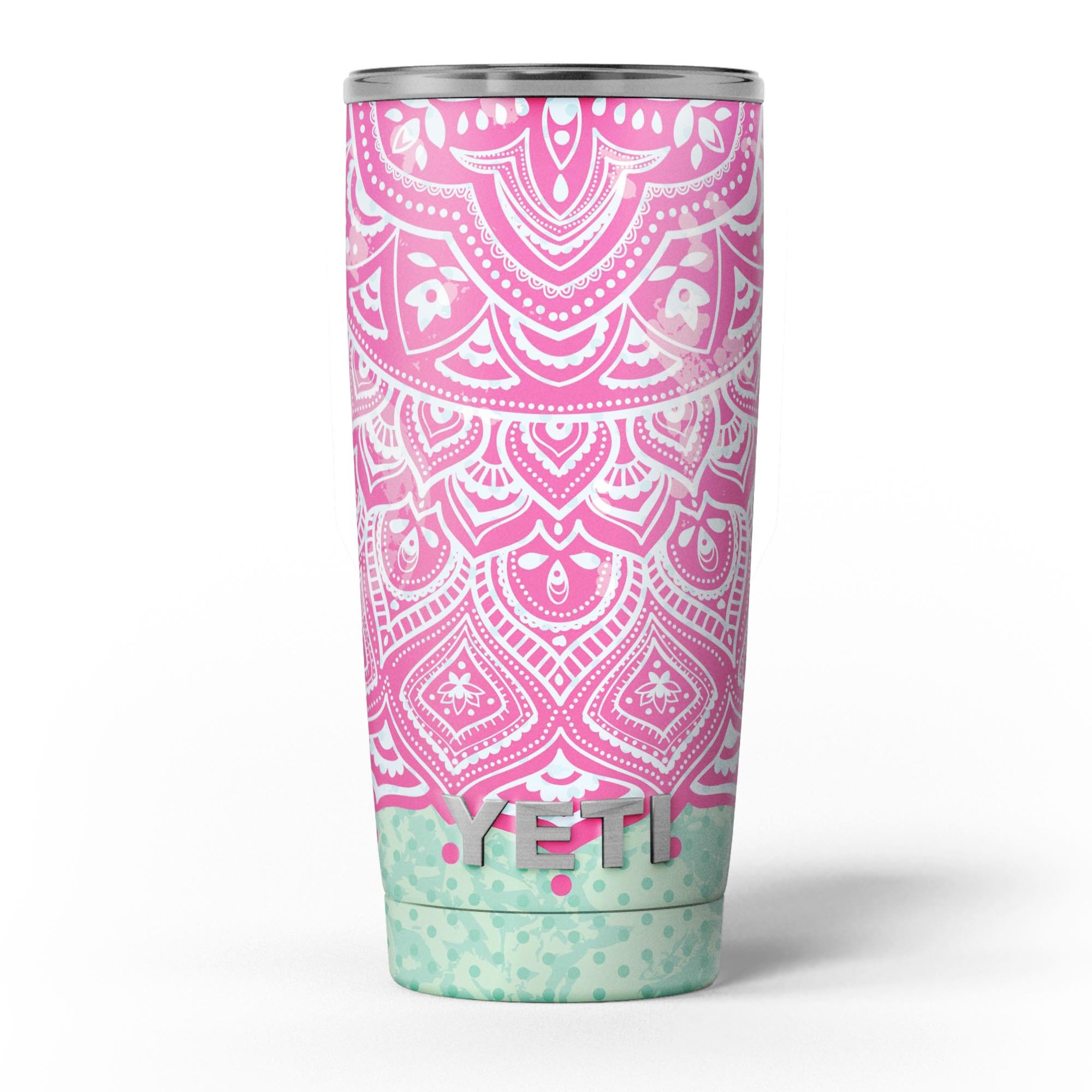 Green and Pink Tribal v3 skin decal vinyl wrap kit for Yeti Cooler, showcasing vibrant colors and unique tribal design.