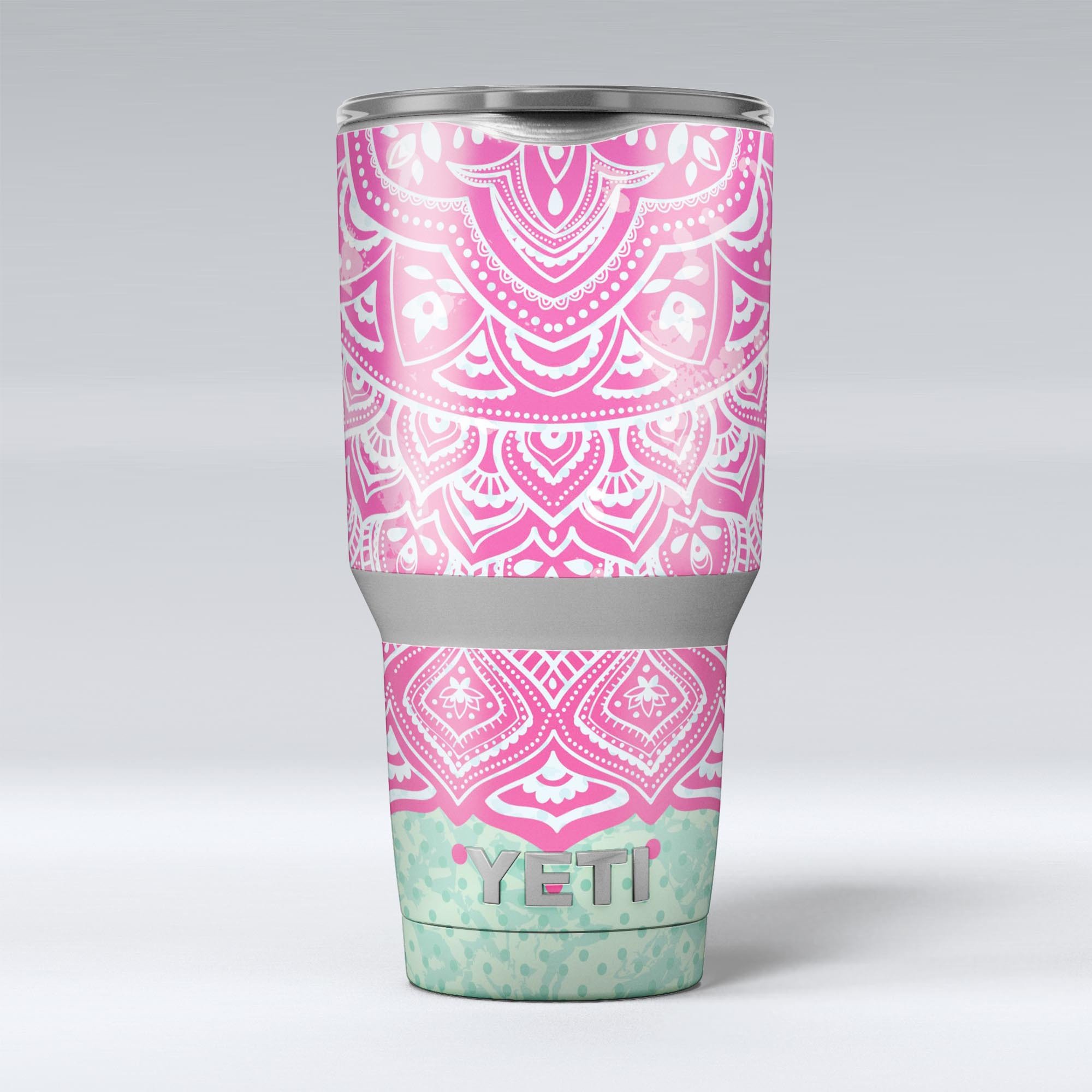 Green and Pink Tribal v3 skin decal vinyl wrap kit for Yeti Cooler, showcasing vibrant colors and unique tribal design.