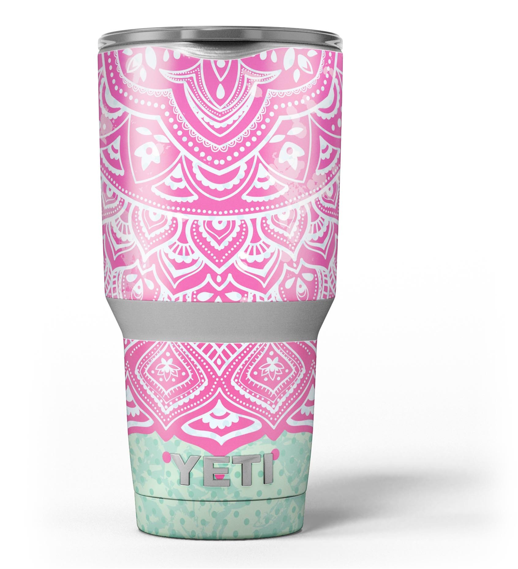 Green and Pink Tribal v3 skin decal vinyl wrap kit for Yeti Cooler, showcasing vibrant colors and unique tribal design.