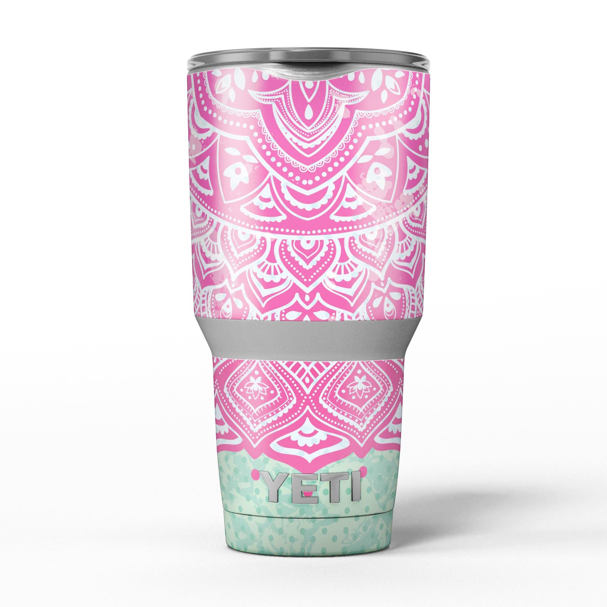 Green and Pink Tribal v3 skin decal vinyl wrap kit for Yeti Cooler, showcasing vibrant colors and unique tribal design.