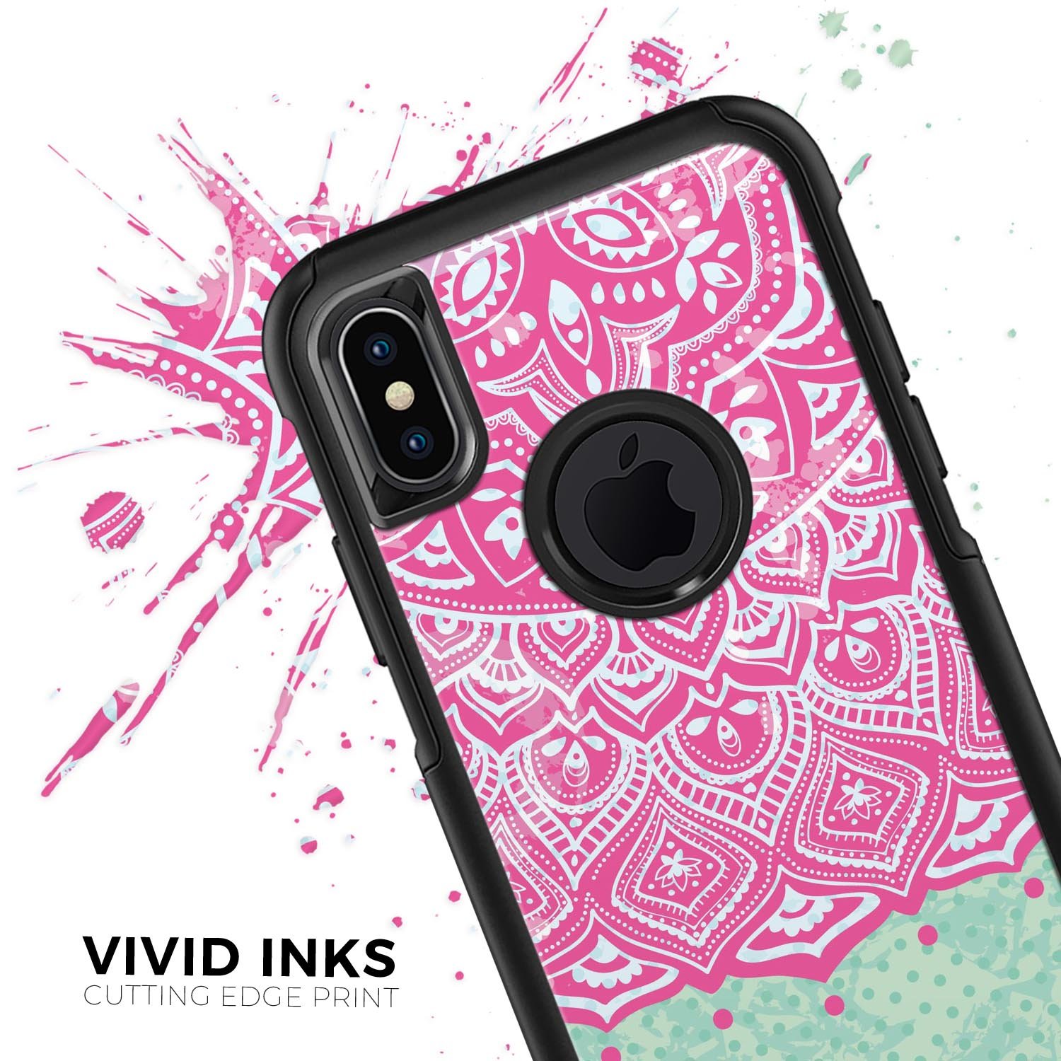 Green and Pink Tribal v3 Skin Kit for iPhone OtterBox Cases, showcasing vibrant tribal patterns on a sleek surface.