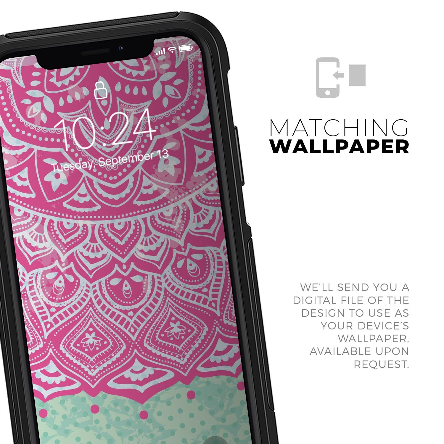 Green and Pink Tribal v3 Skin Kit for iPhone OtterBox Cases, showcasing vibrant tribal patterns on a sleek surface.