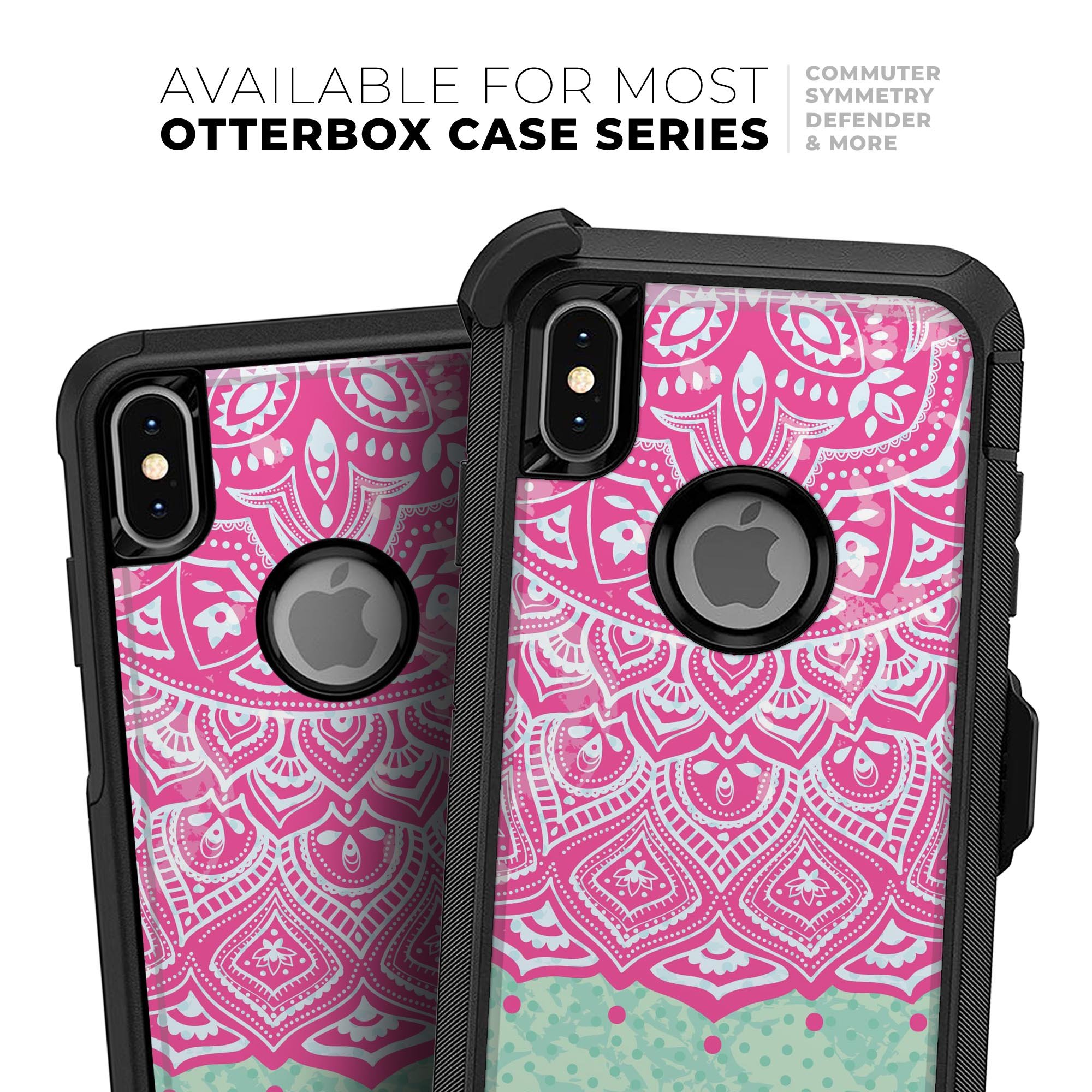Green and Pink Tribal v3 Skin Kit for iPhone OtterBox Cases, showcasing vibrant tribal patterns on a sleek surface.