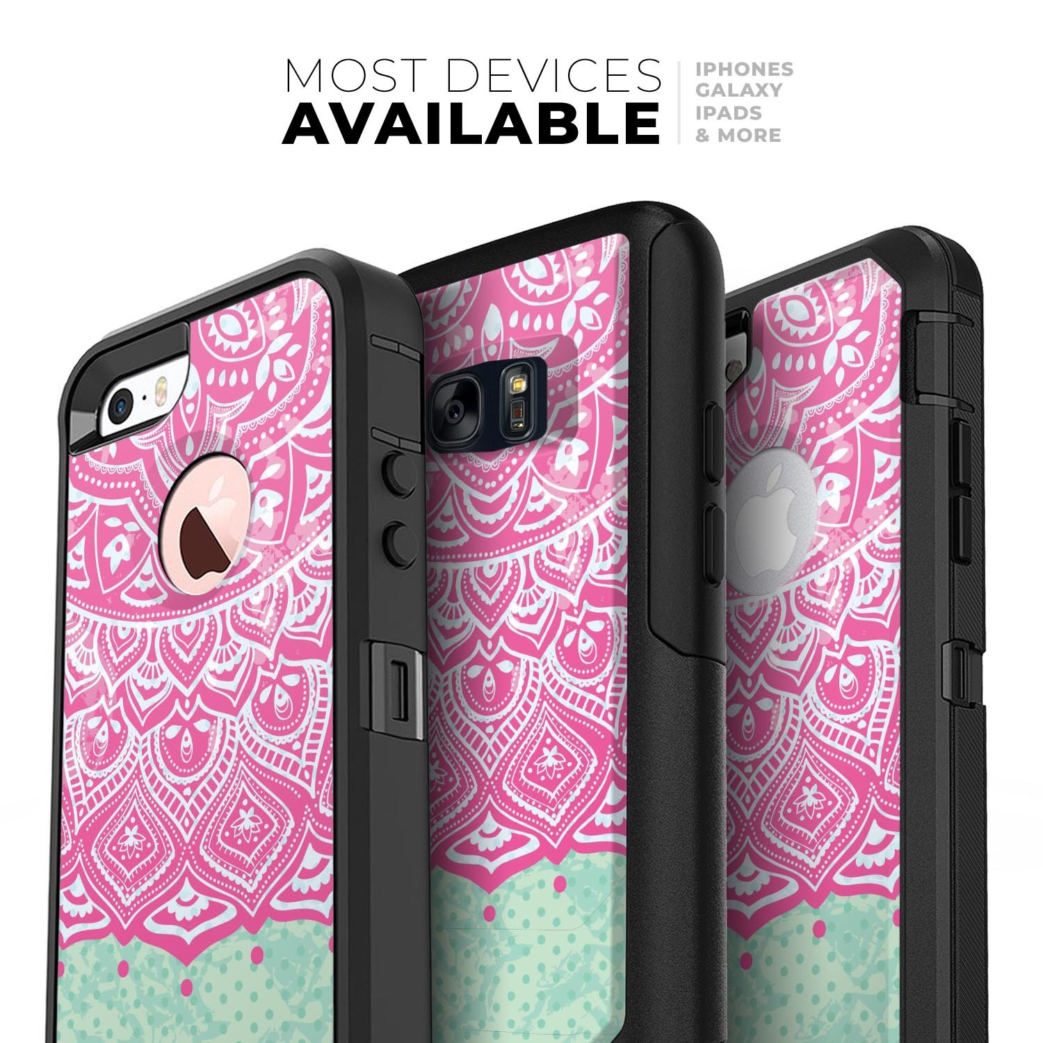 Green and Pink Tribal v3 Skin Kit for iPhone OtterBox Cases, showcasing vibrant tribal patterns on a sleek surface.