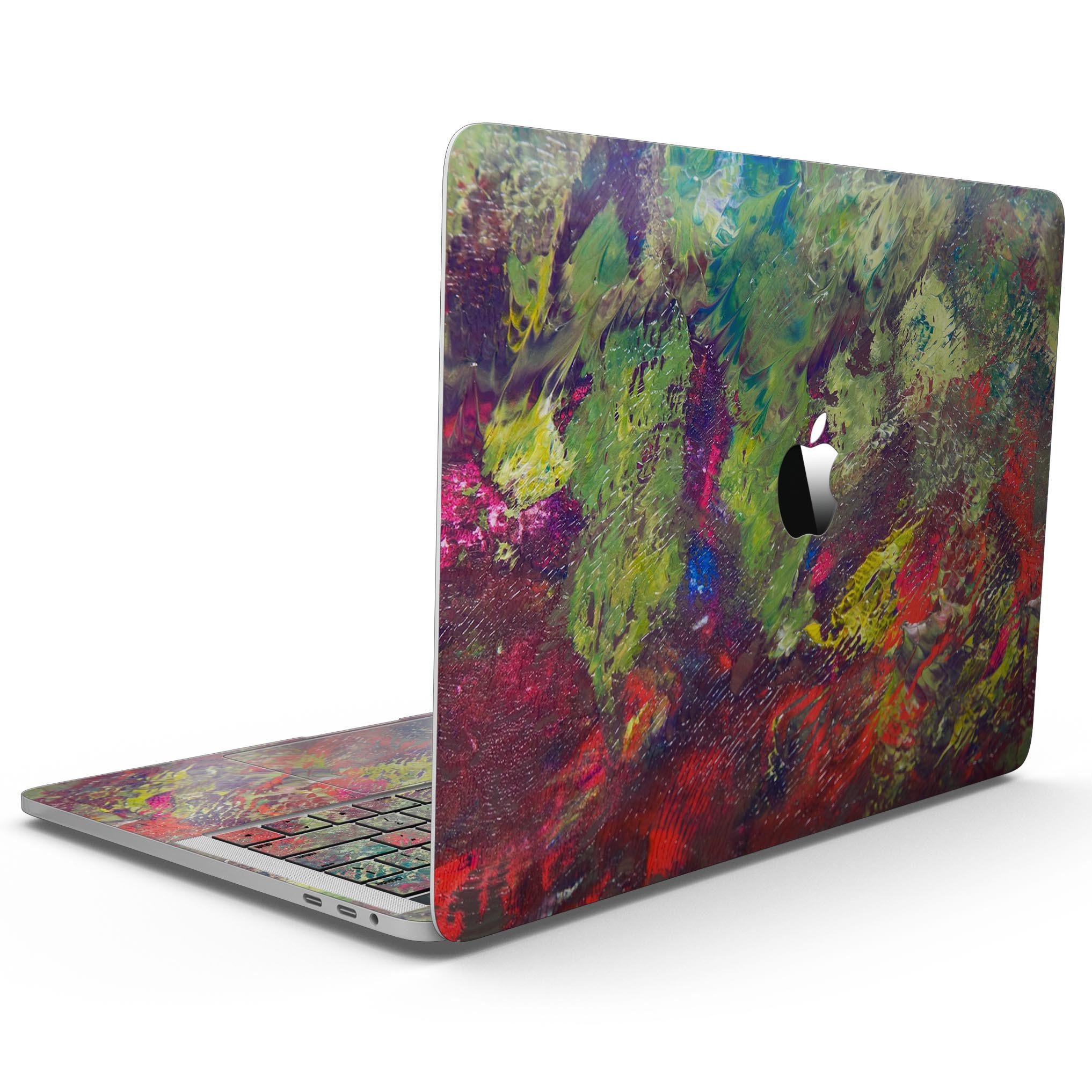 Green and Red Wet Oil Paint skin for 13" MacBook Pro without Touch Bar, showcasing vibrant colors and artistic design.