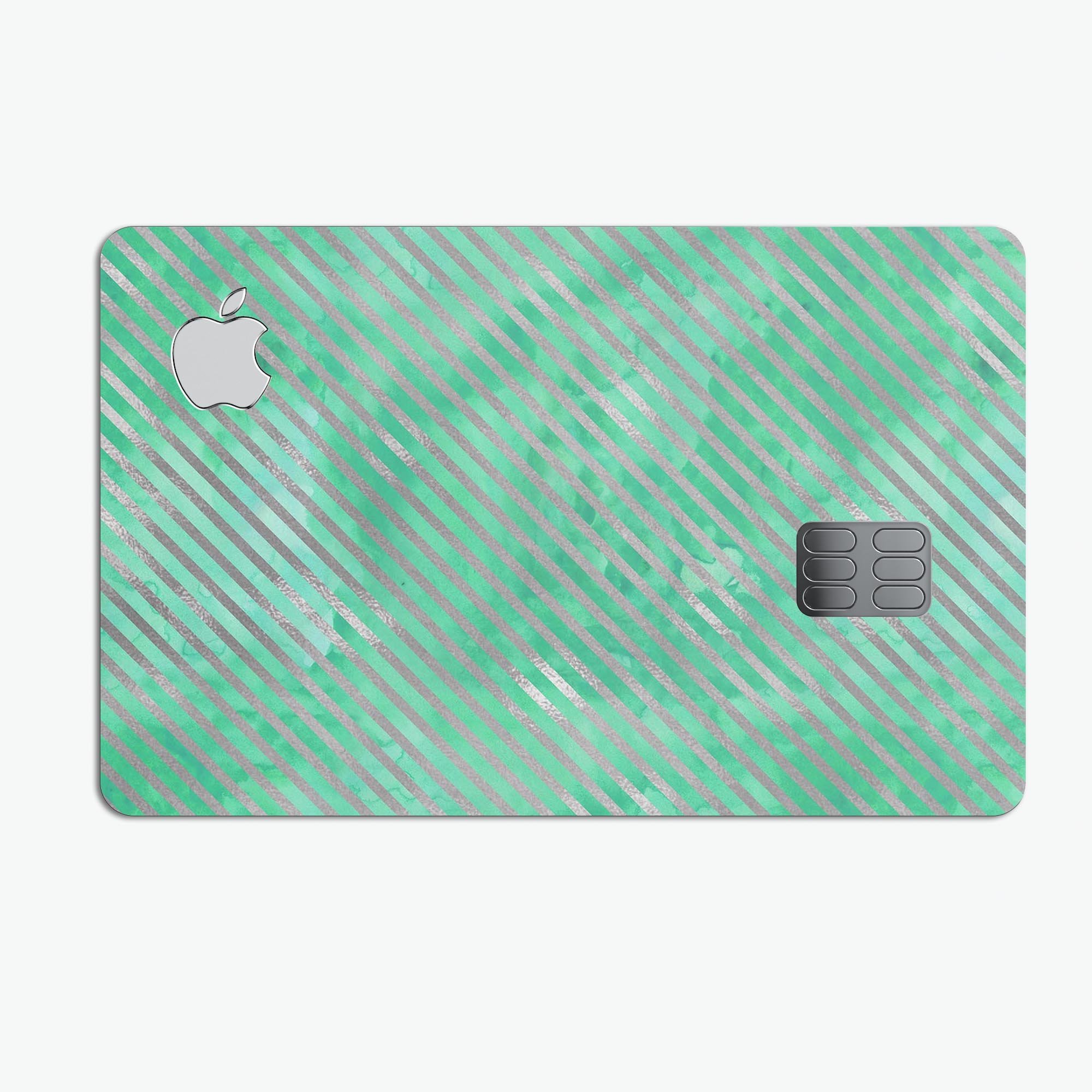 Green and Silver Watercolor Diagonal Stripes skin for Apple Card, showcasing vibrant colors and a stylish design.
