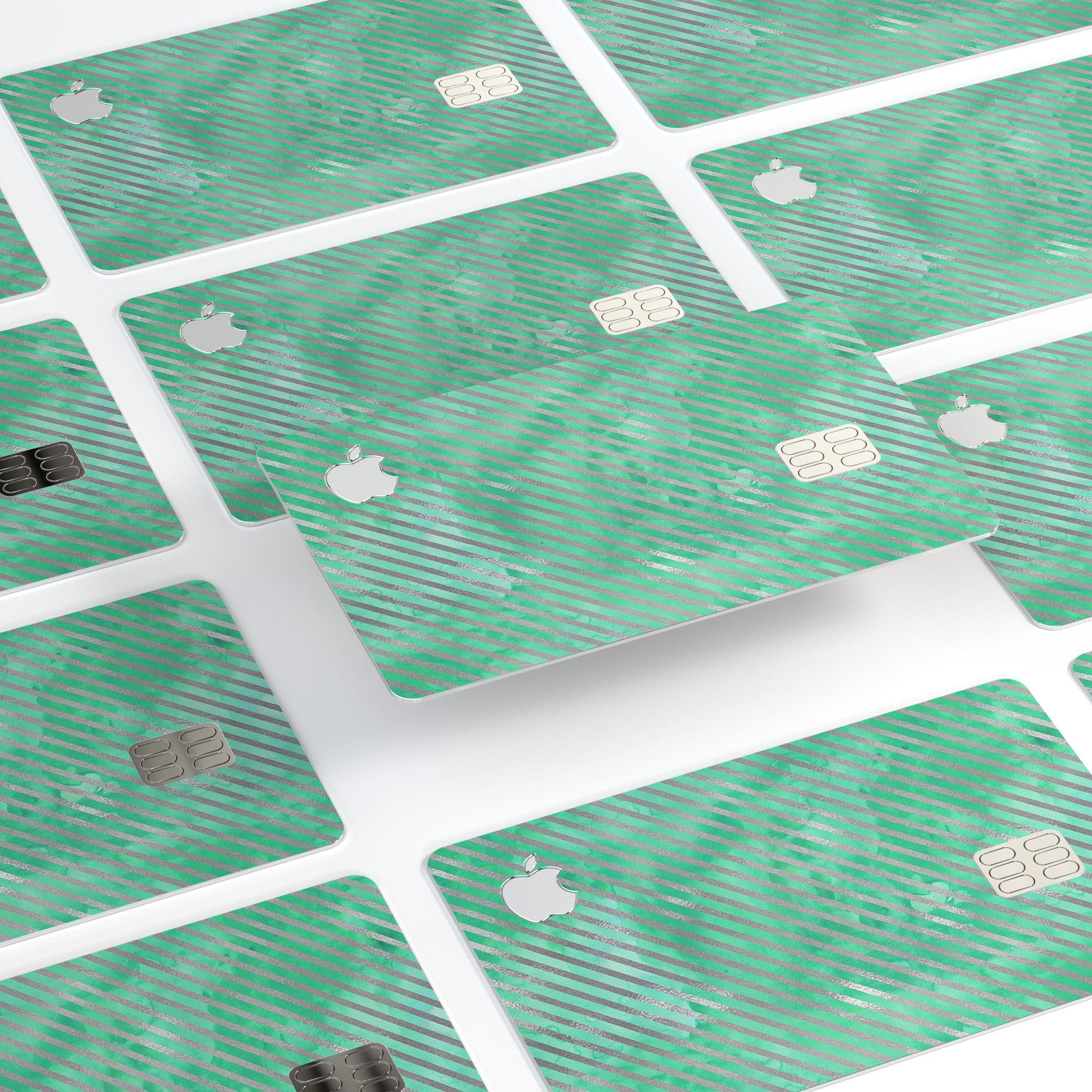 Green and Silver Watercolor Diagonal Stripes skin for Apple Card, showcasing vibrant colors and a stylish design.