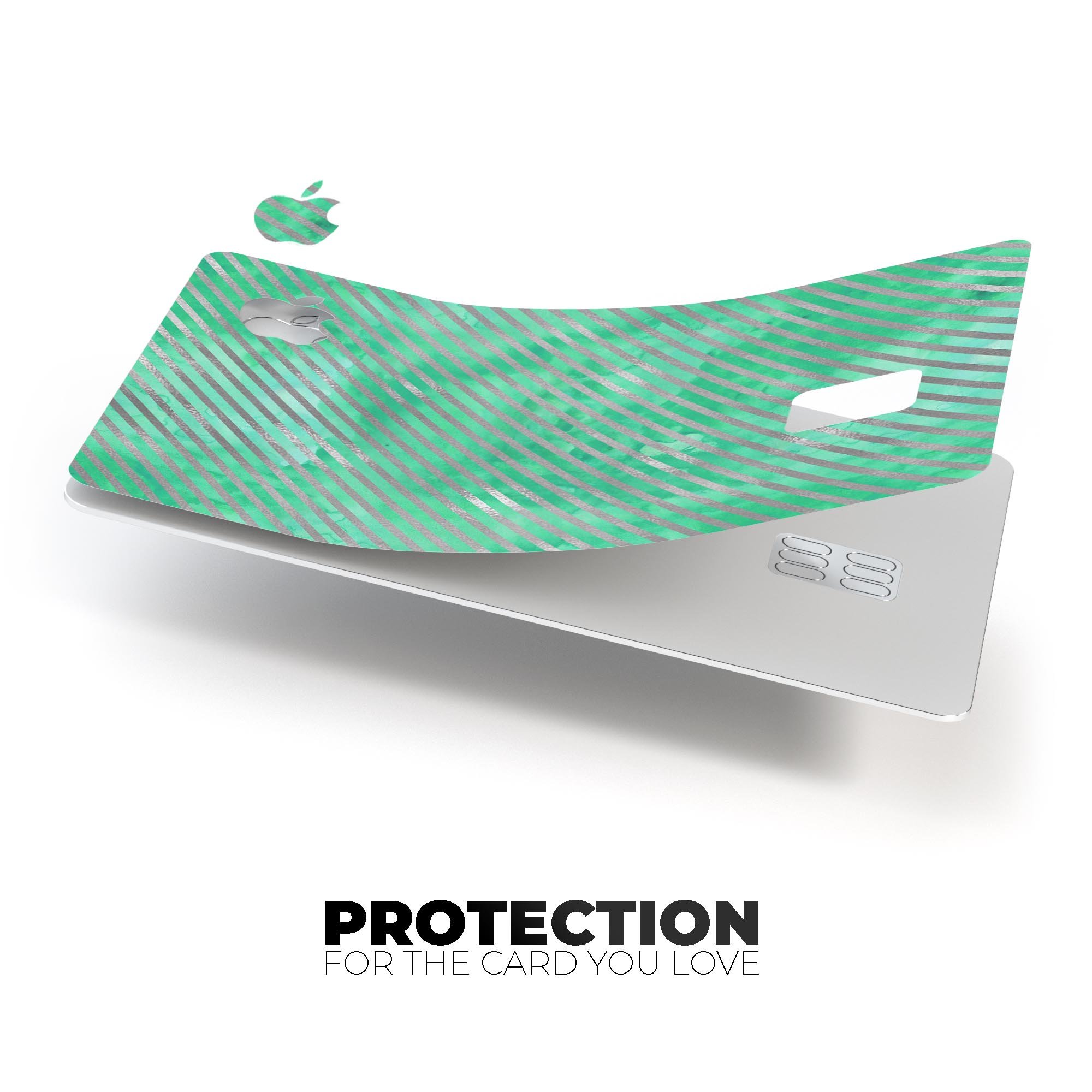 Green and Silver Watercolor Diagonal Stripes skin for Apple Card, showcasing vibrant colors and a stylish design.