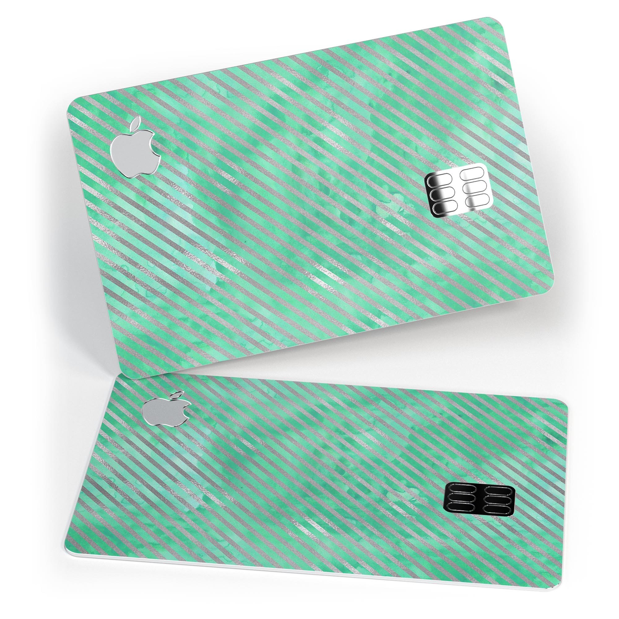 Green and Silver Watercolor Diagonal Stripes skin for Apple Card, showcasing vibrant colors and a stylish design.
