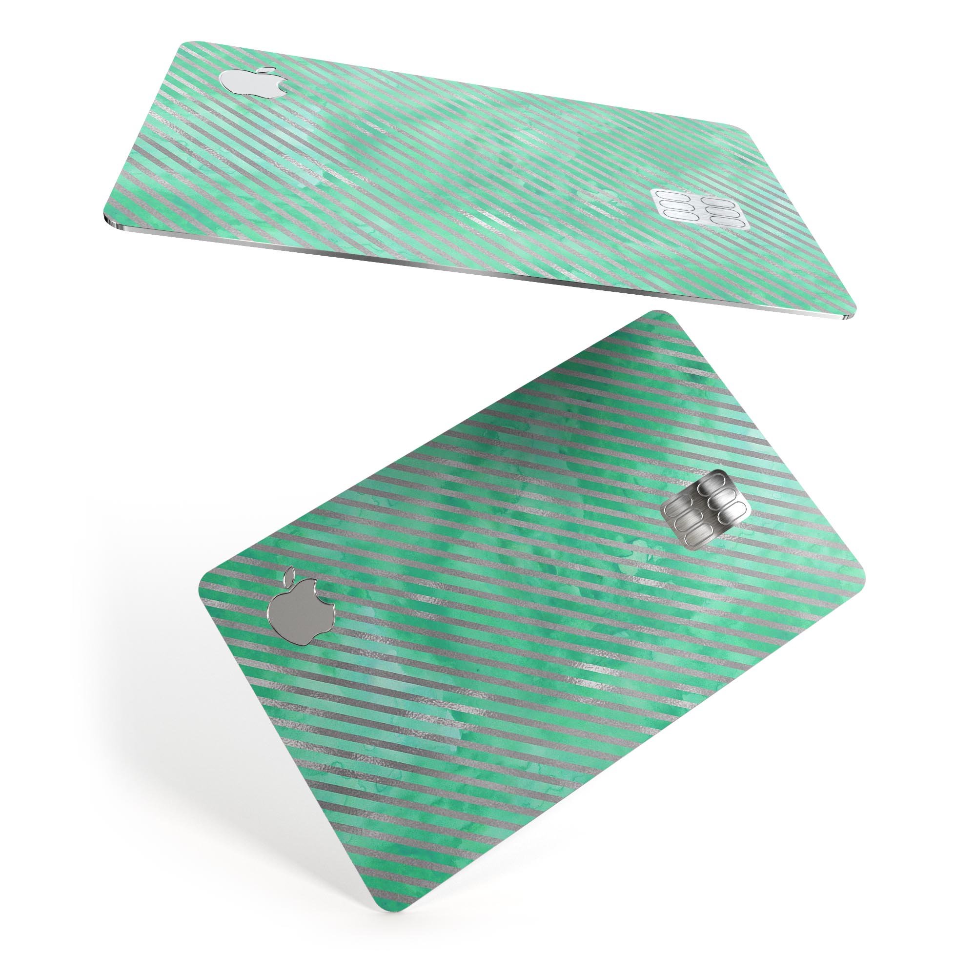 Green and Silver Watercolor Diagonal Stripes skin for Apple Card, showcasing vibrant colors and a stylish design.
