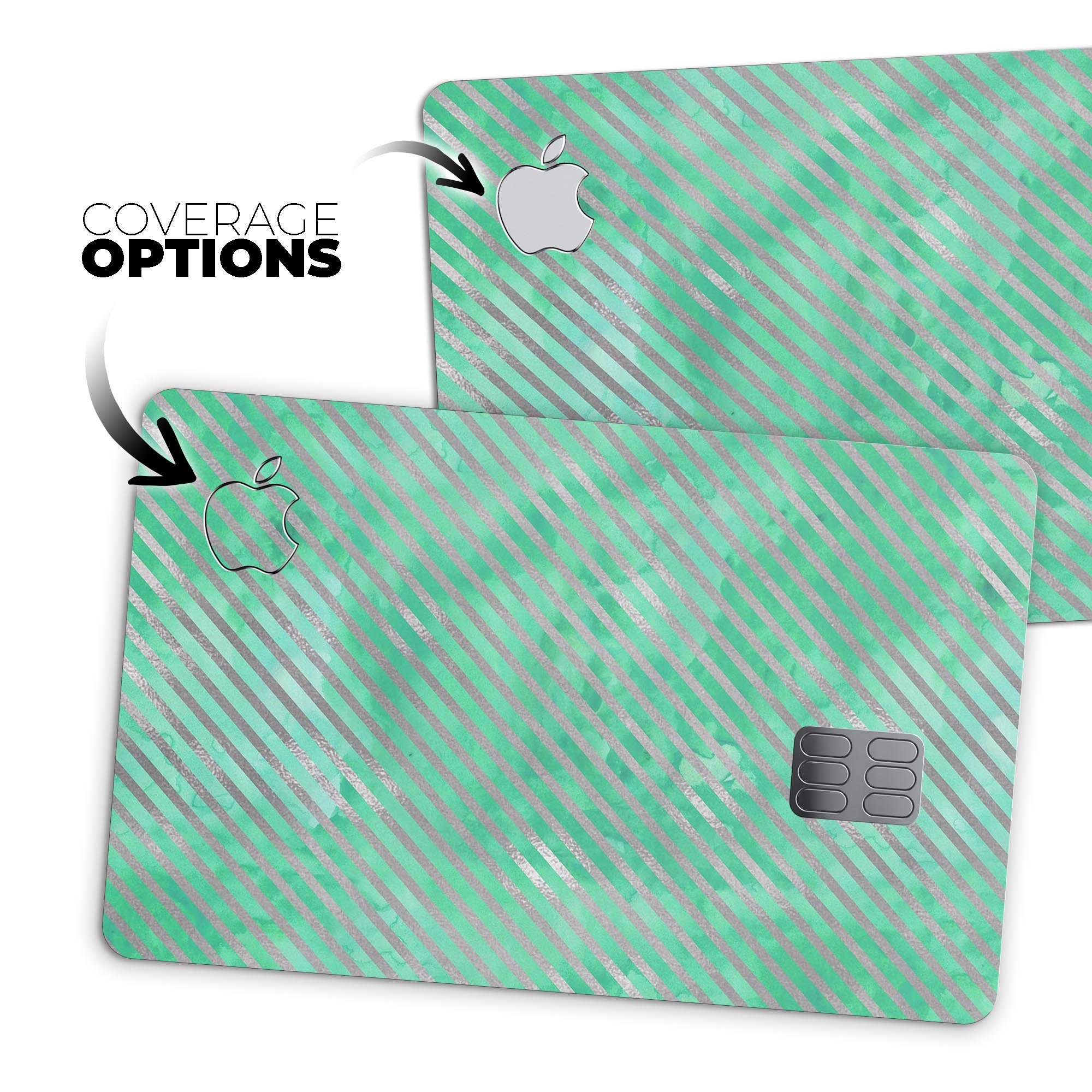 Green and Silver Watercolor Diagonal Stripes skin for Apple Card, showcasing vibrant colors and a stylish design.