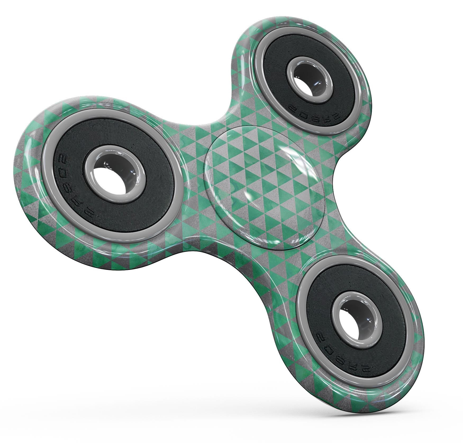 Green and silver watercolor triangle pattern fidget spinner skin, showcasing vibrant colors and a stylish design.