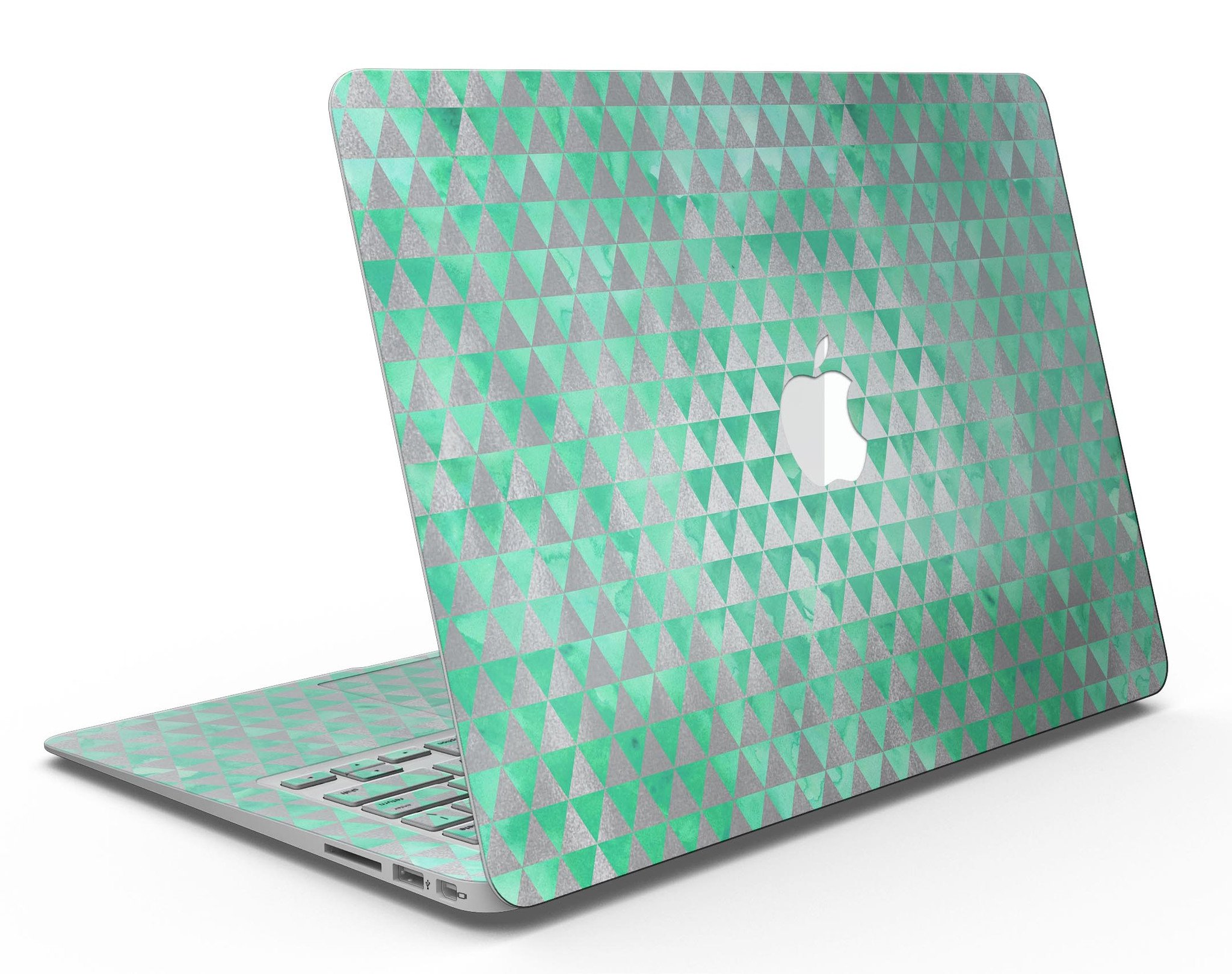 Green and silver watercolor triangle pattern MacBook Air skin kit showcasing vibrant design and premium vinyl material.