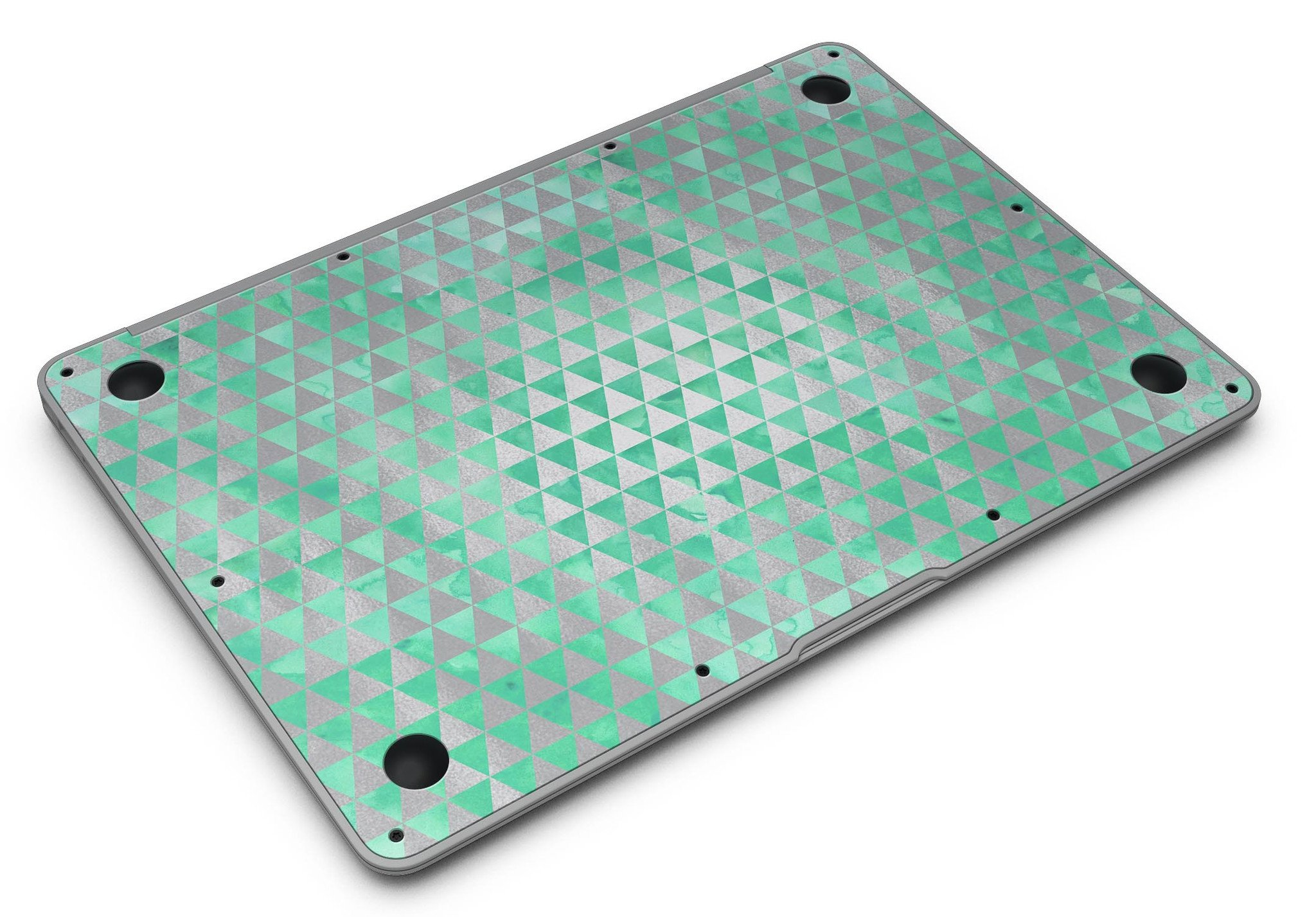 Green and silver watercolor triangle pattern MacBook Air skin kit showcasing vibrant design and premium vinyl material.