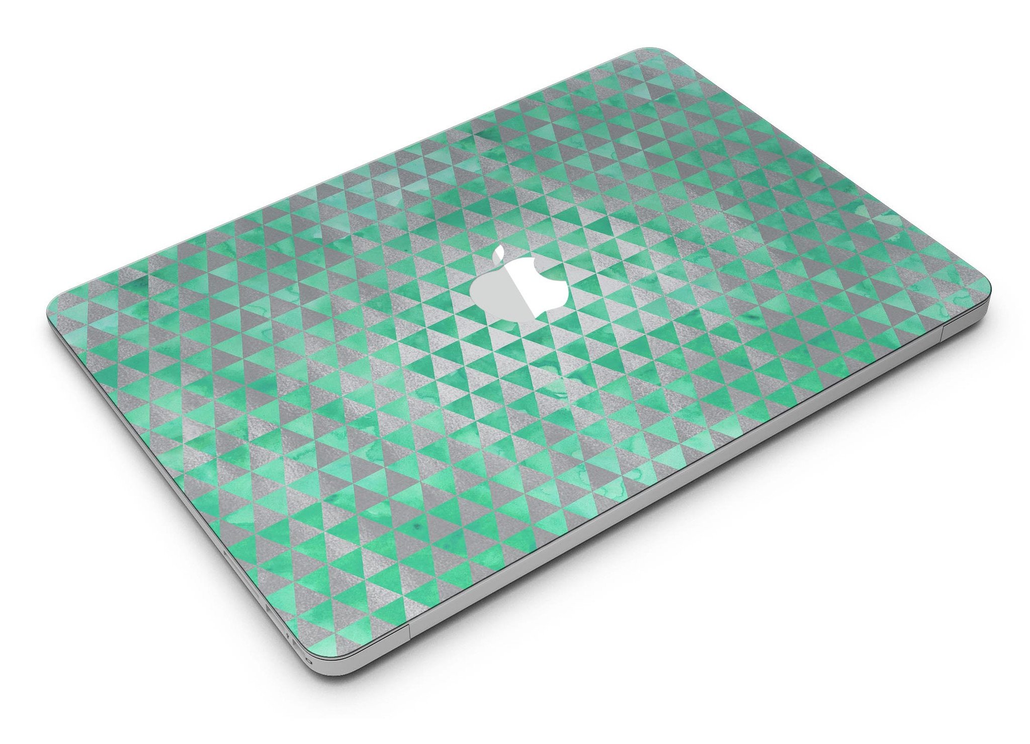 Green and silver watercolor triangle pattern MacBook Air skin kit showcasing vibrant design and premium vinyl material.