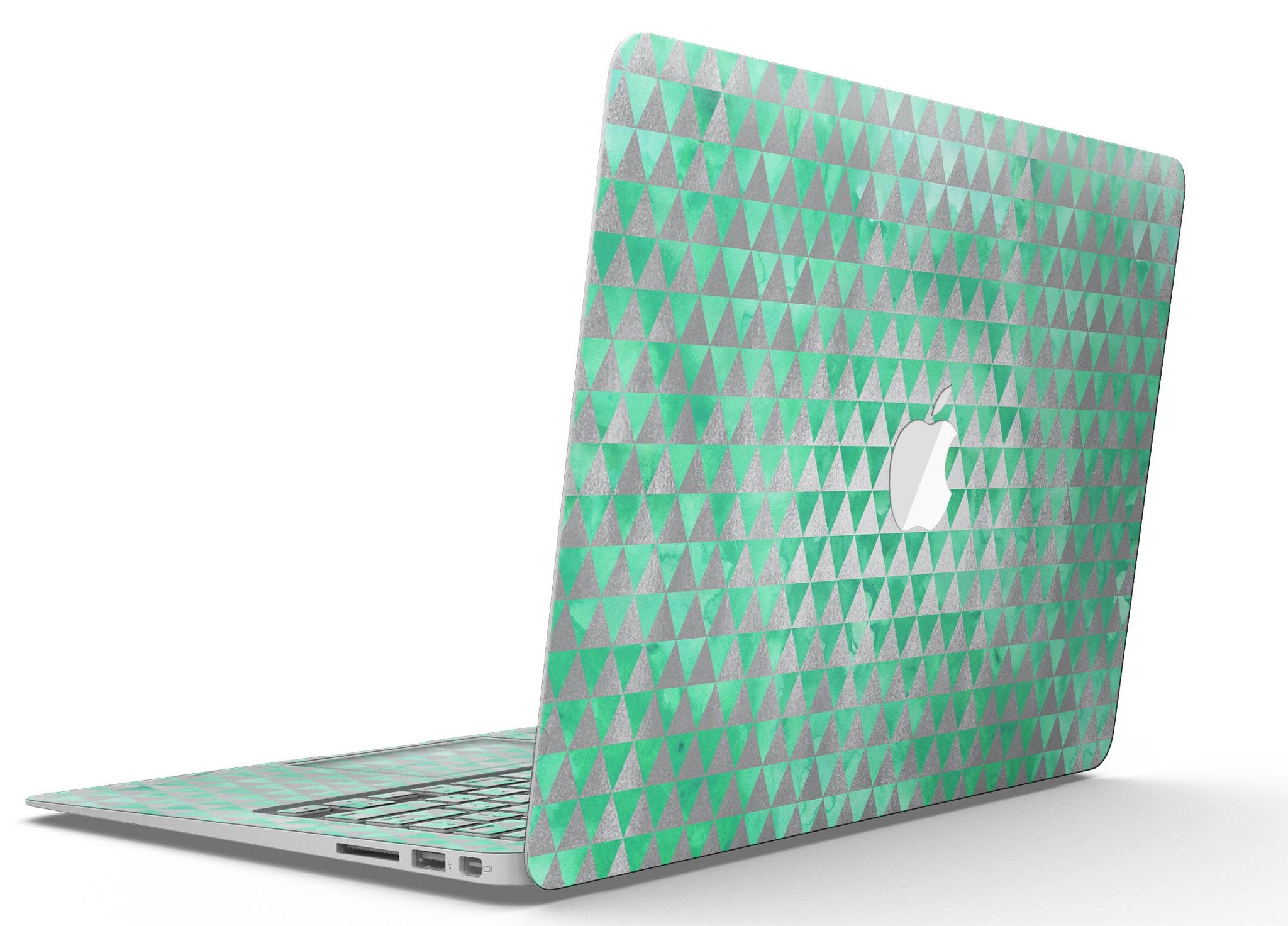 Green and silver watercolor triangle pattern MacBook Air skin kit showcasing vibrant design and premium vinyl material.
