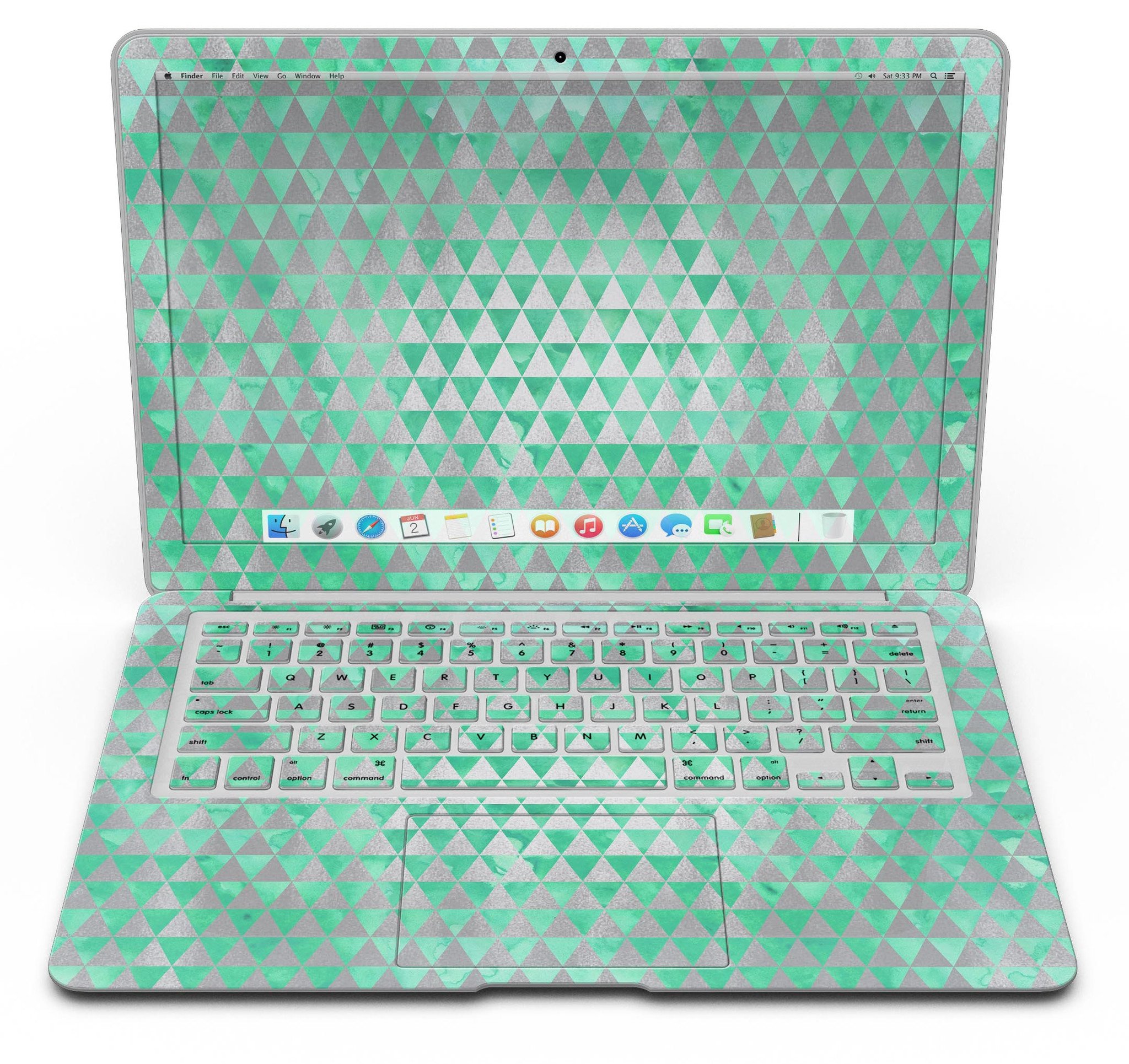 Green and silver watercolor triangle pattern MacBook Air skin kit showcasing vibrant design and premium vinyl material.