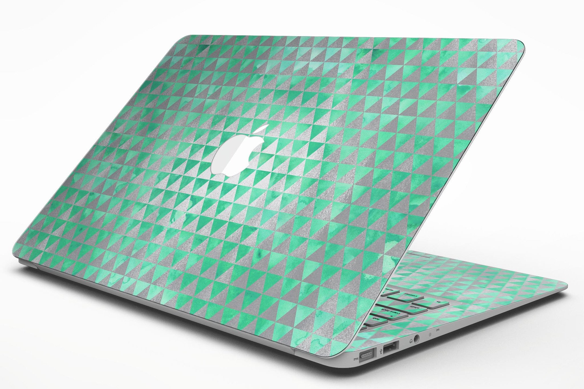 Green and silver watercolor triangle pattern MacBook Air skin kit showcasing vibrant design and premium vinyl material.