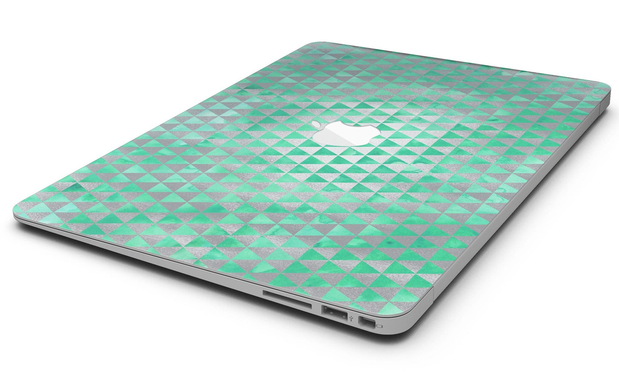 Green and silver watercolor triangle pattern MacBook Air skin kit showcasing vibrant design and premium vinyl material.