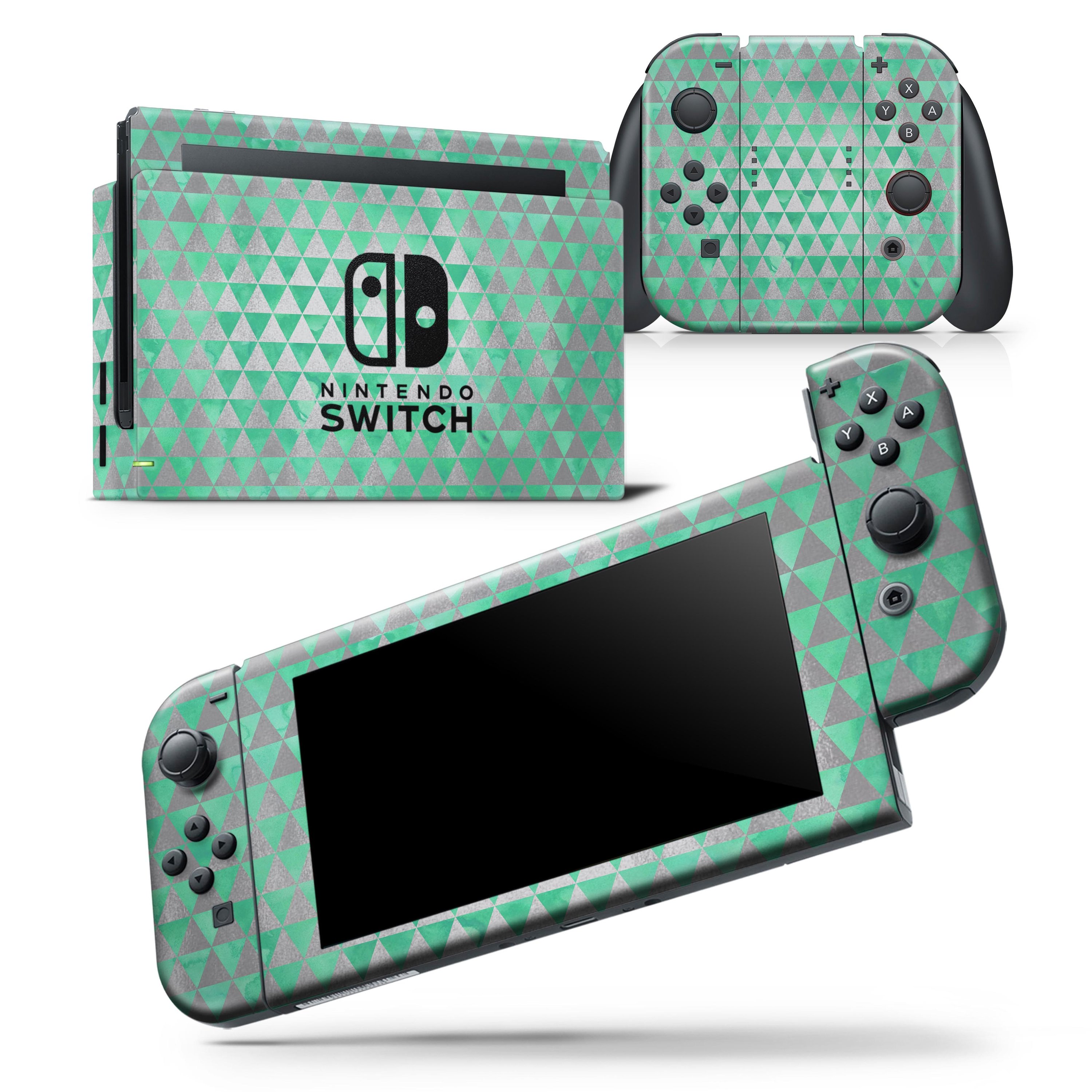 Green and silver watercolor triangle pattern skin wrap decal for Nintendo Switch, showcasing vibrant colors and a sleek design.