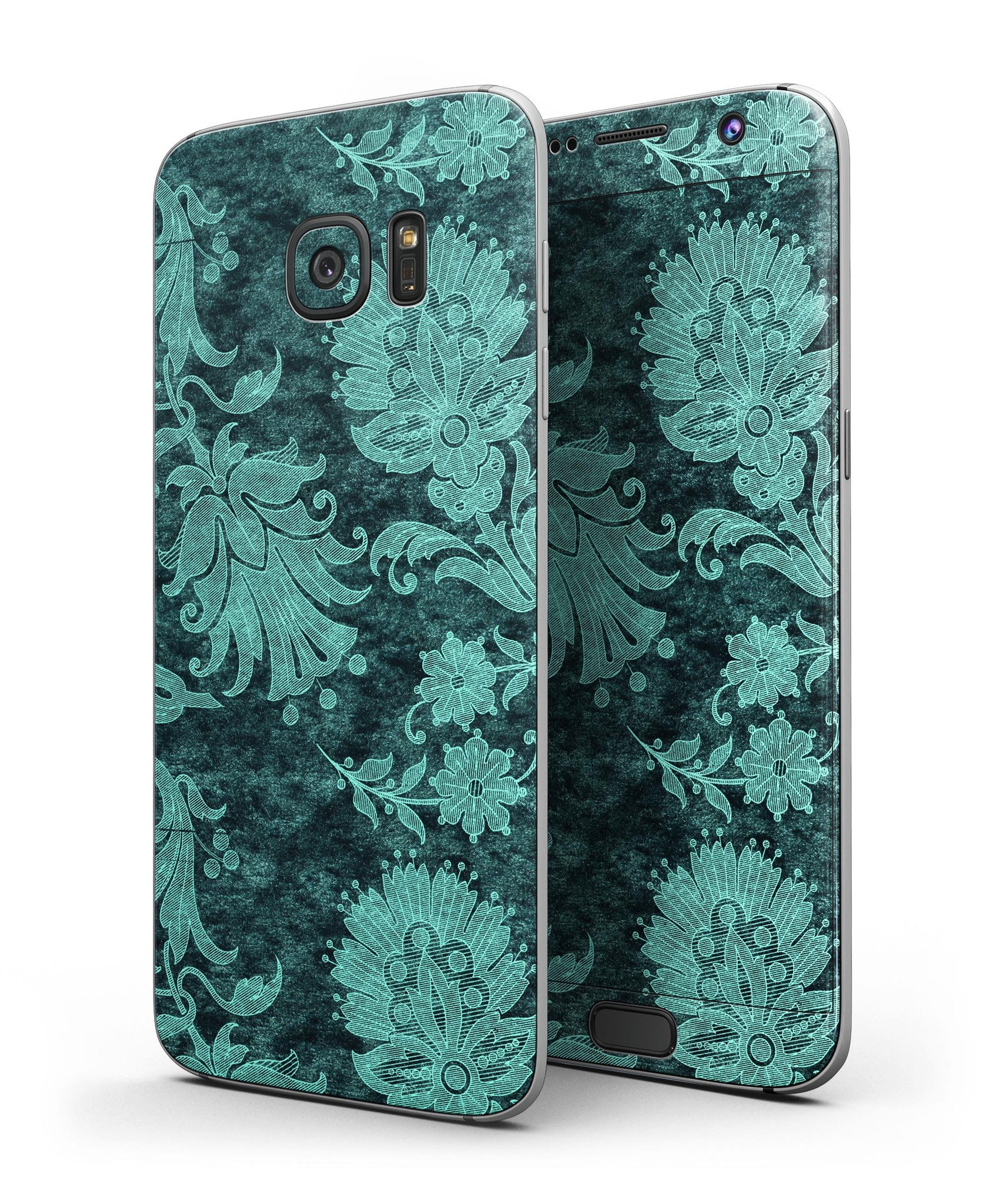 Green and Teal Floral Velvet Full Body Skin-Kit for Samsung Galaxy S7/S7 Edge, showcasing vibrant floral patterns on premium vinyl.