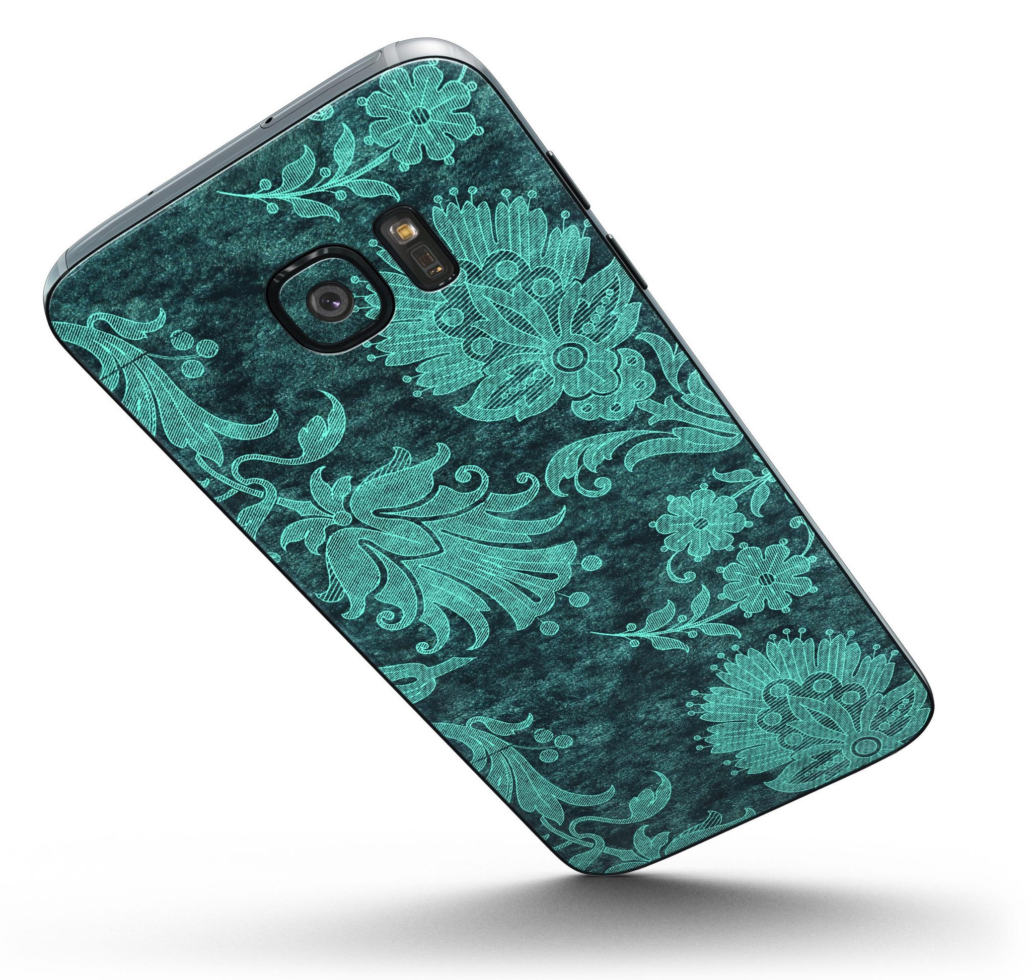 Green and Teal Floral Velvet Full Body Skin-Kit for Samsung Galaxy S7/S7 Edge, showcasing vibrant floral patterns on premium vinyl.