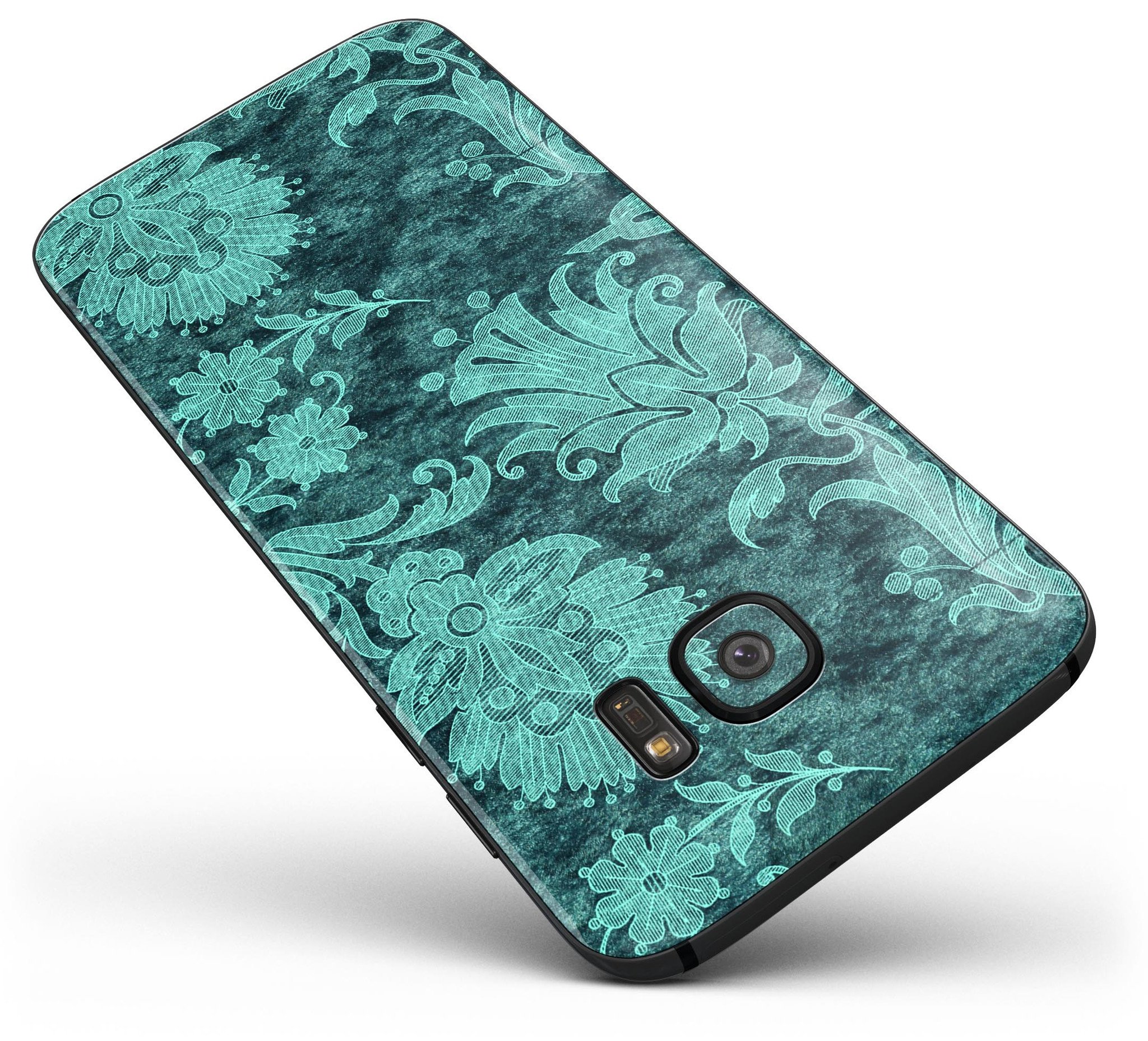 Green and Teal Floral Velvet Full Body Skin-Kit for Samsung Galaxy S7/S7 Edge, showcasing vibrant floral patterns on premium vinyl.