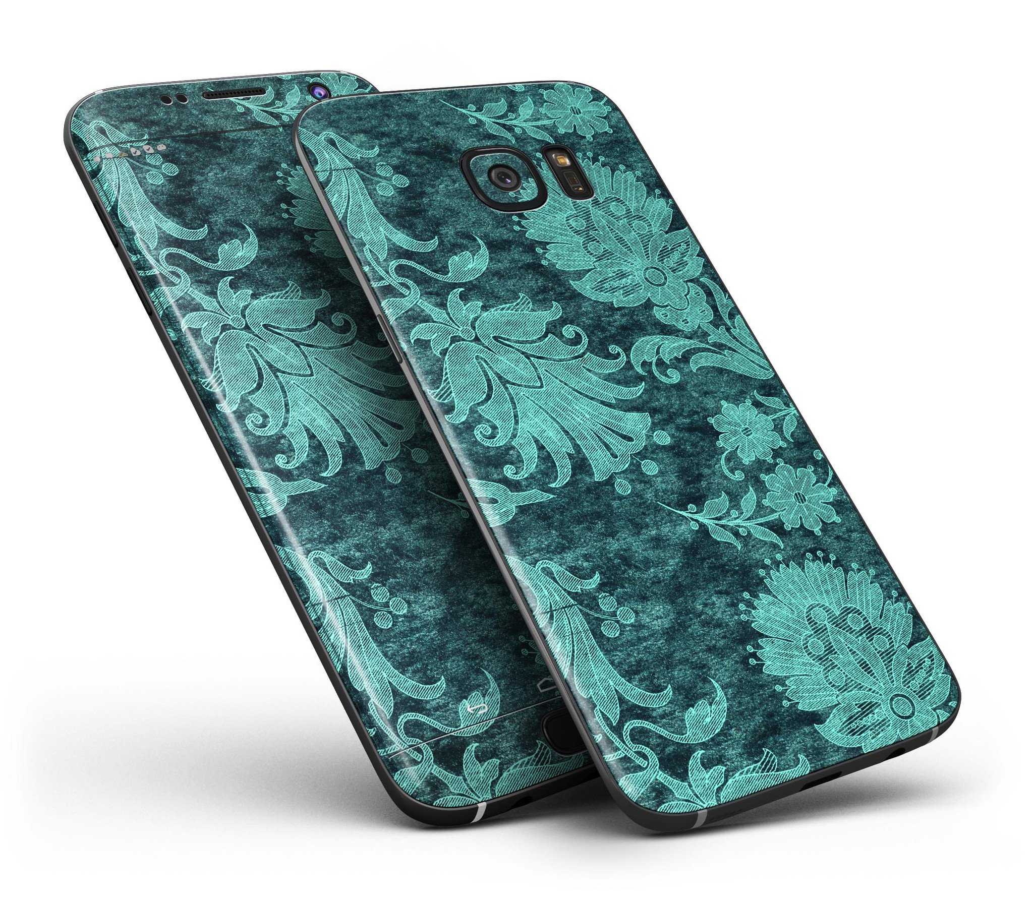 Green and Teal Floral Velvet Full Body Skin-Kit for Samsung Galaxy S7/S7 Edge, showcasing vibrant floral patterns on premium vinyl.