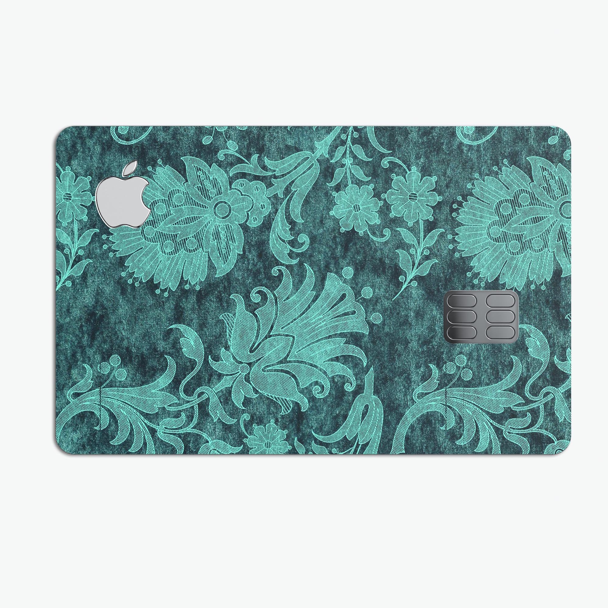Green and Teal Floral Velvet skin decal for Apple Card, showcasing vibrant floral design and premium quality.