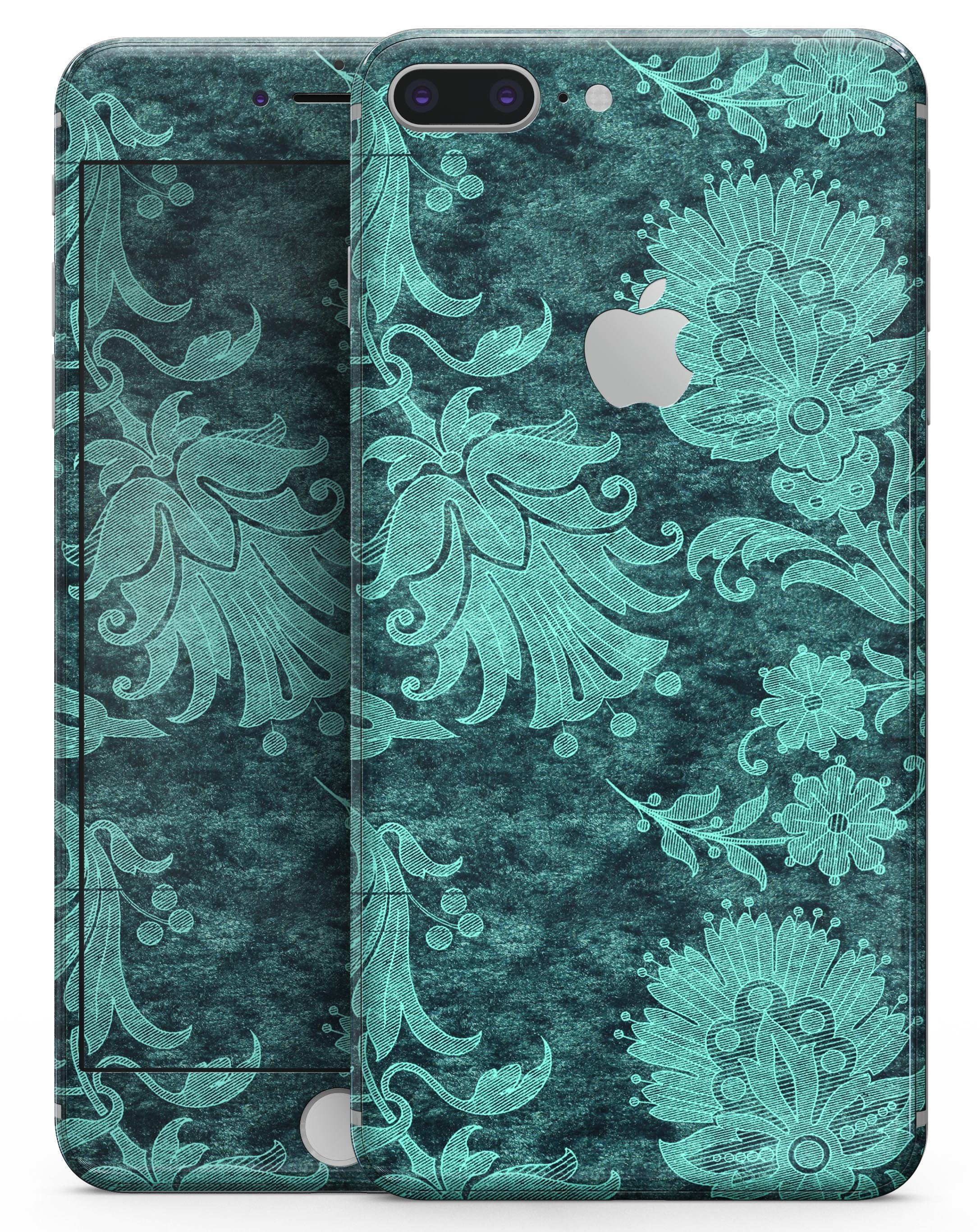 Green and Teal Floral Velvet skin for iPhone 8 and 8 Plus, showcasing vibrant floral patterns on a sleek vinyl surface.