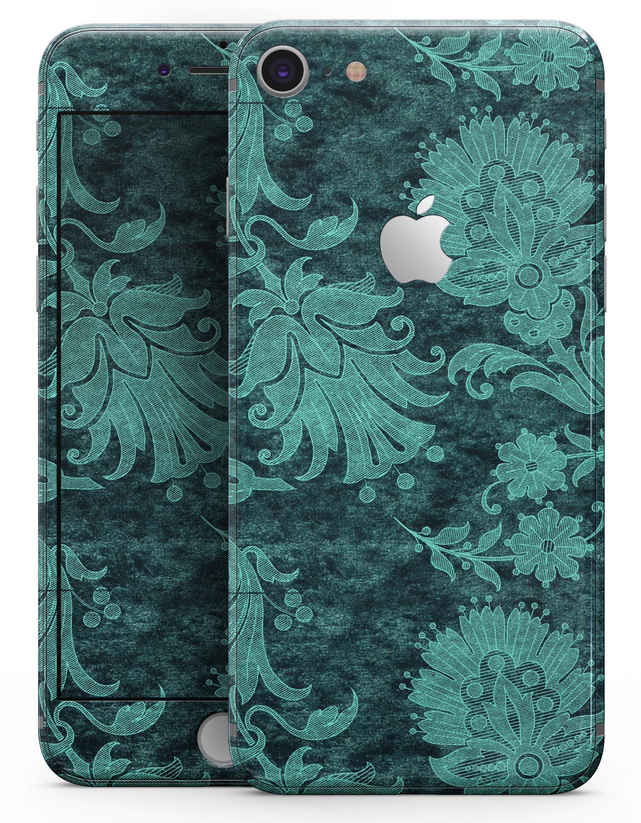 Green and Teal Floral Velvet skin for iPhone 8 and 8 Plus, showcasing vibrant floral patterns on a sleek vinyl surface.