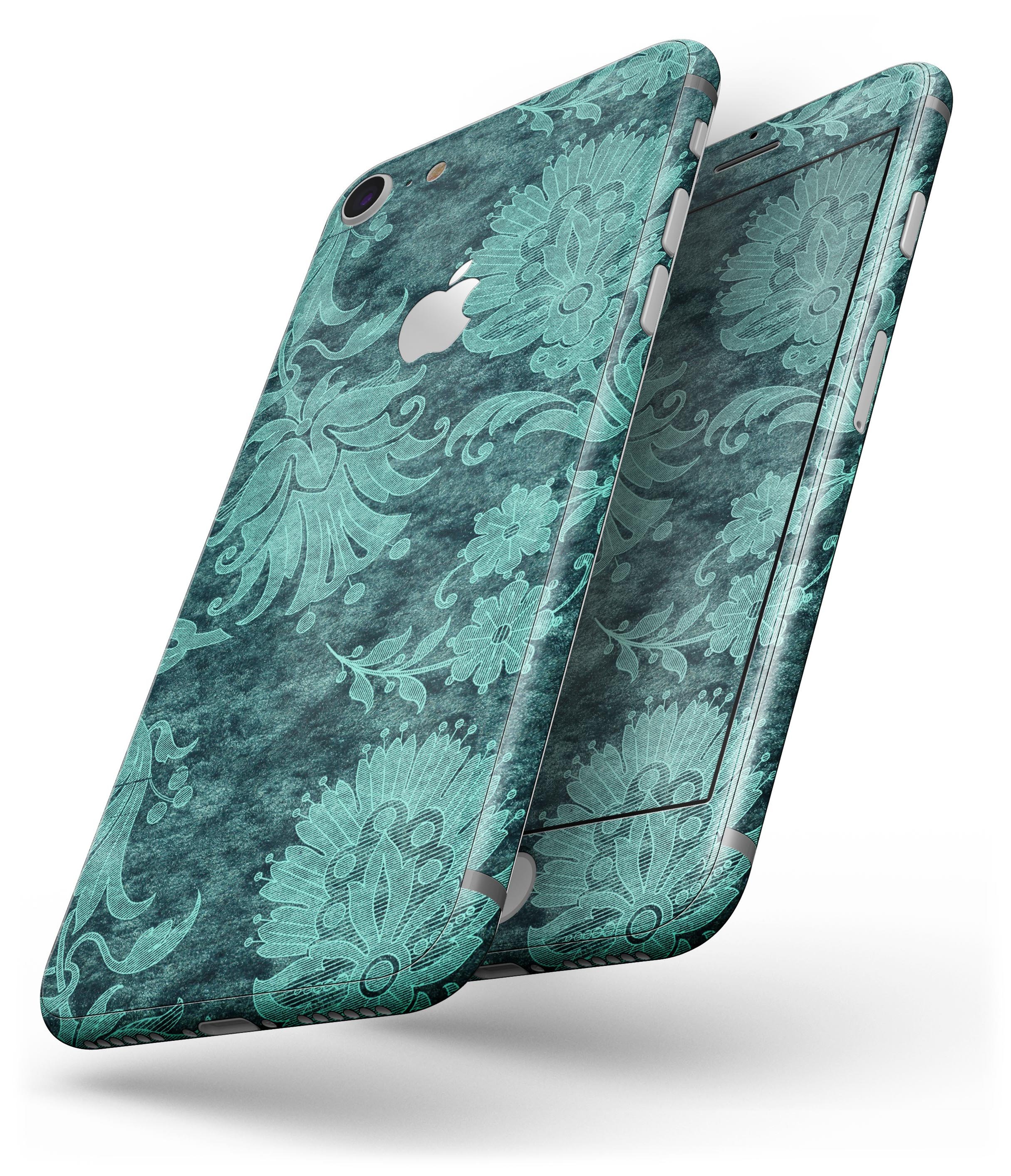 Green and Teal Floral Velvet skin for iPhone 8 and 8 Plus, showcasing vibrant floral patterns on a sleek vinyl surface.