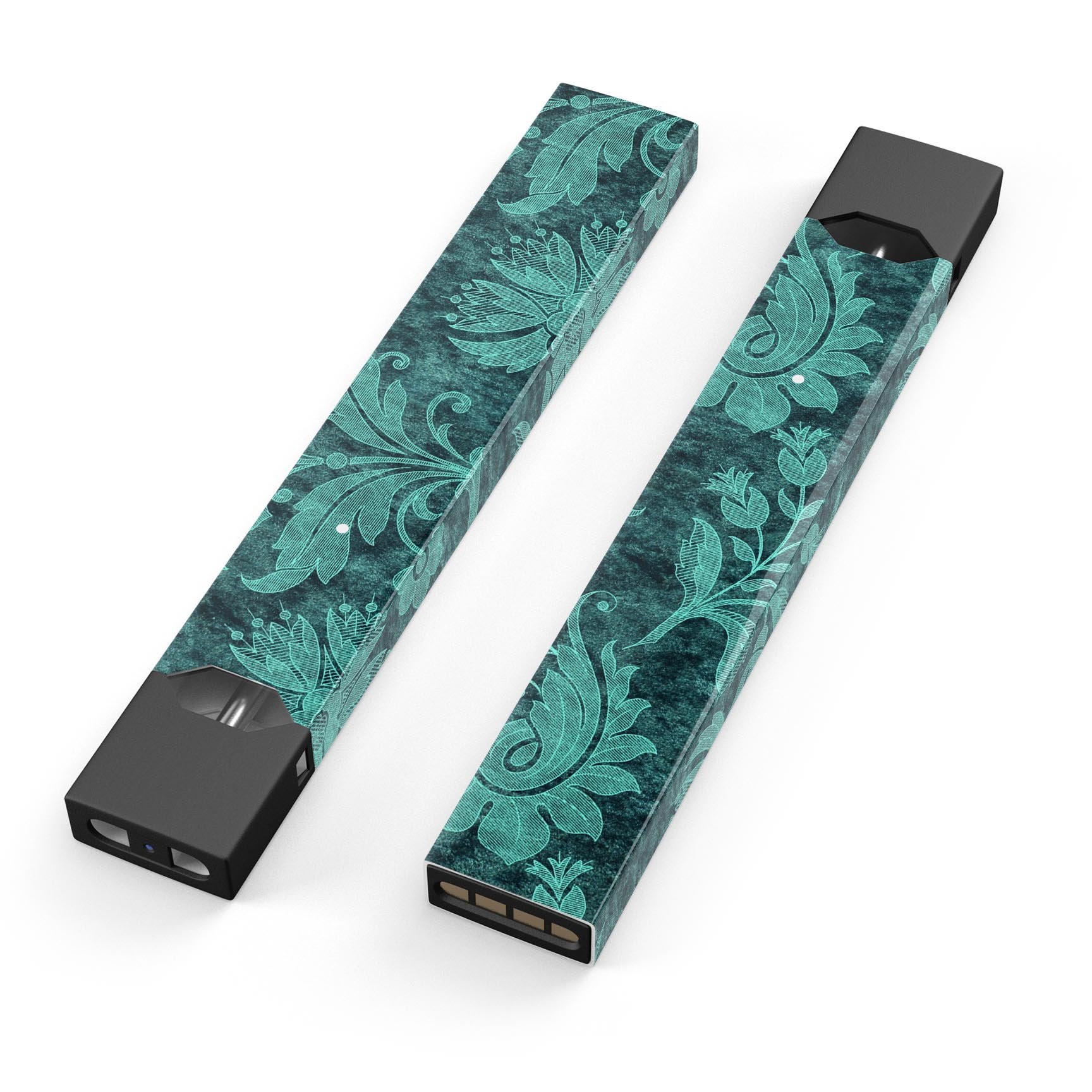 Green and Teal Floral Velvet skin-wrap for JUUL vaping device, showcasing vibrant floral design and premium quality.