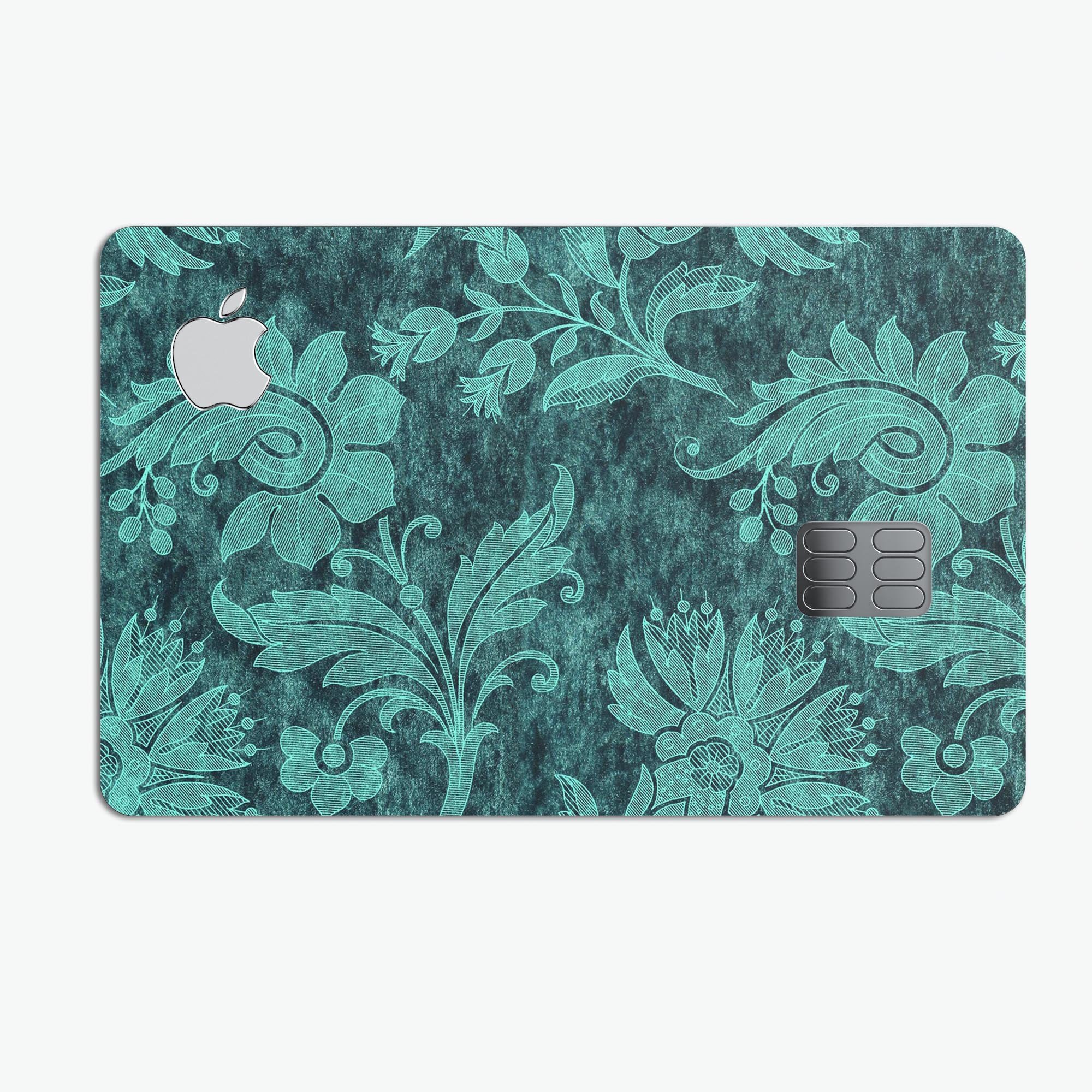 Green and Teal Floral Velvet skin decal for Apple Card, showcasing vibrant floral design and premium quality.
