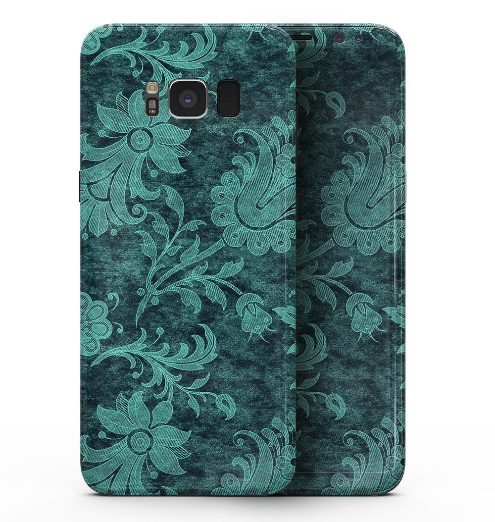 Green and Teal Floral Velvet skin for Samsung Galaxy S8, showcasing vibrant floral patterns on a sleek vinyl surface.