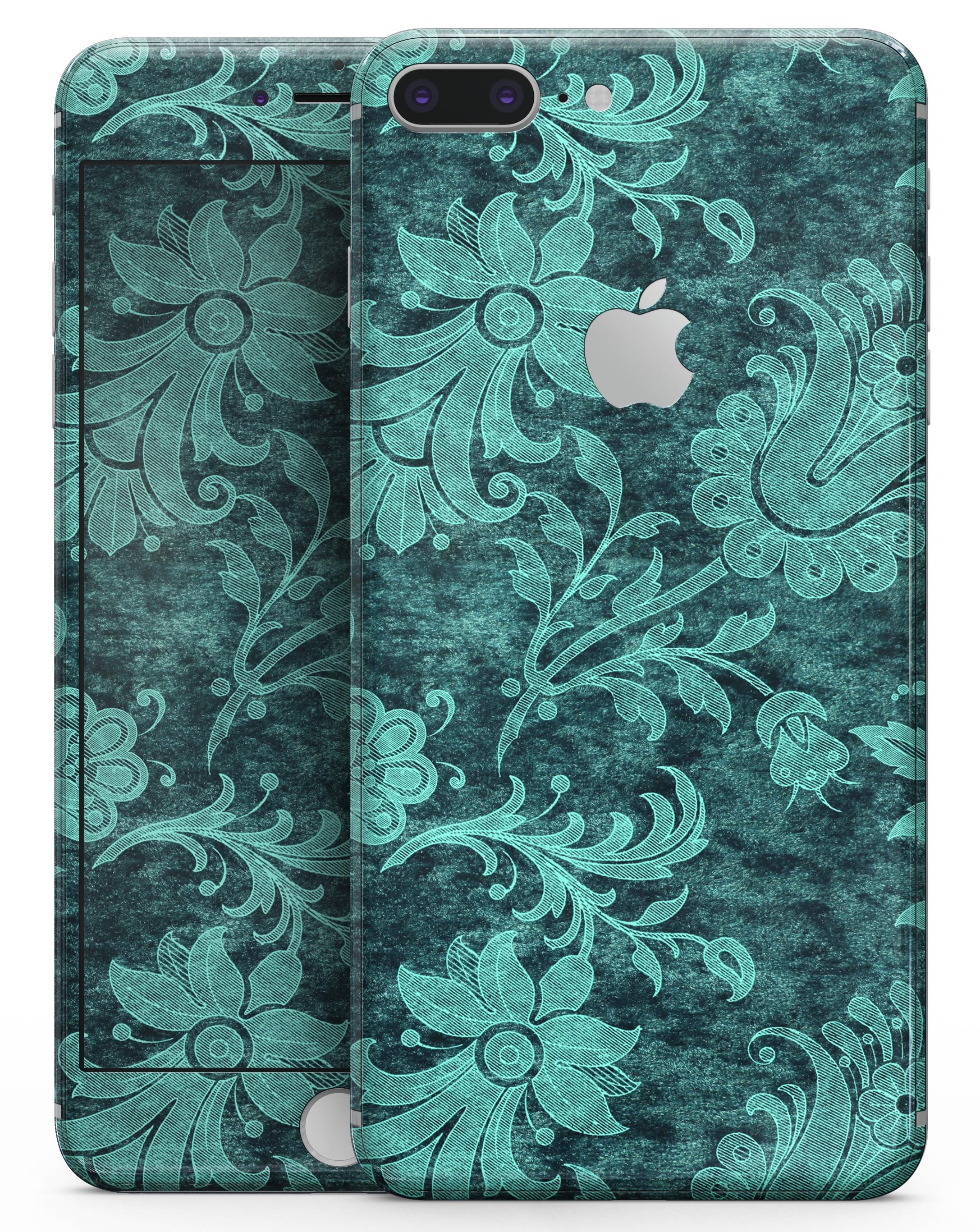 Green and Teal Floral Velvet skin for iPhone 8 and 8 Plus, showcasing vibrant floral patterns on a sleek vinyl surface.