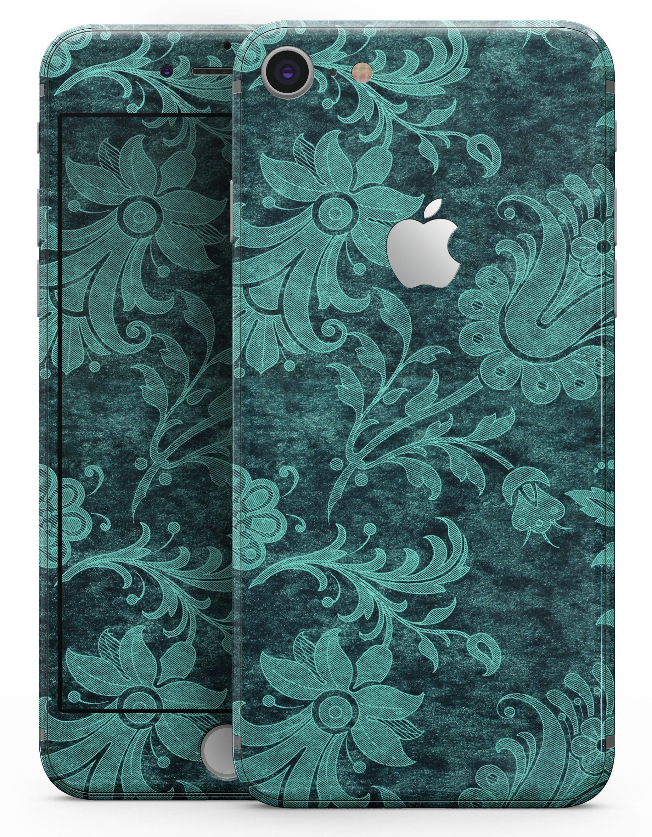 Green and Teal Floral Velvet skin for iPhone 8 and 8 Plus, showcasing vibrant floral patterns on a sleek vinyl surface.