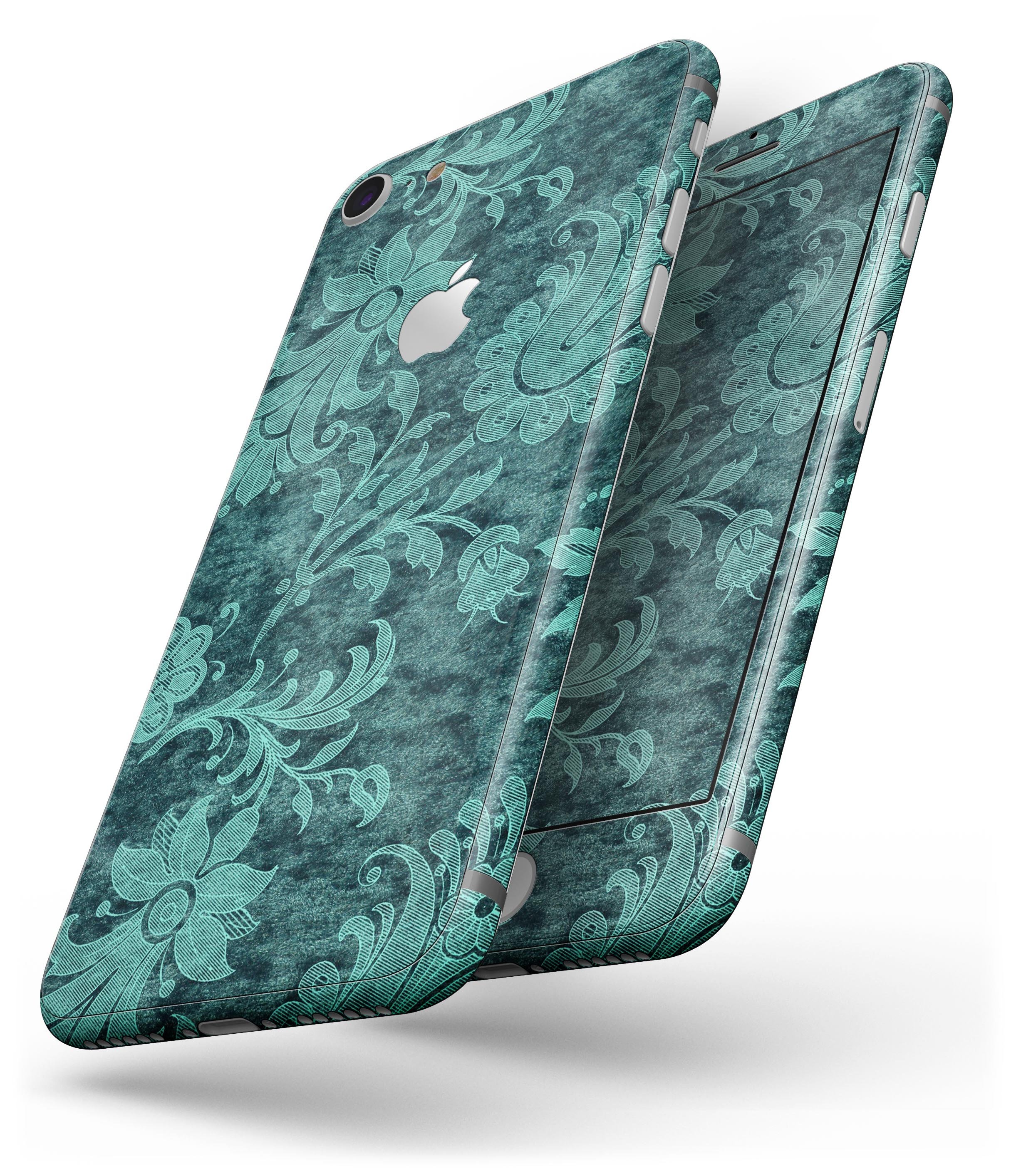Green and Teal Floral Velvet skin for iPhone 8 and 8 Plus, showcasing vibrant floral patterns on a sleek vinyl surface.