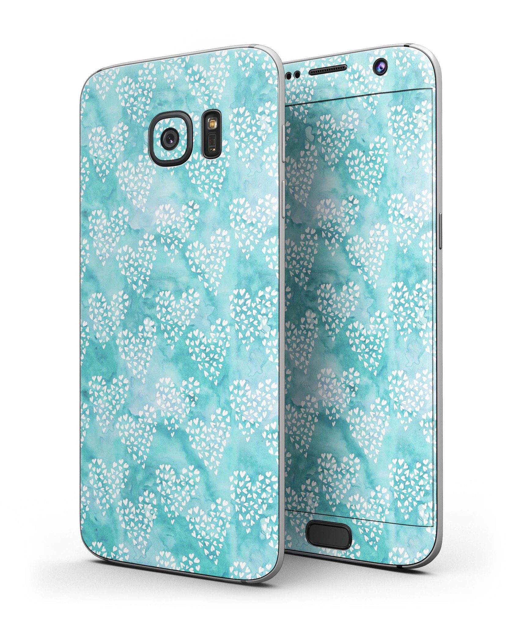 Green and white watercolor hearts pattern skin for Samsung Galaxy S7 and S7 Edge, showcasing vibrant colors and stylish design.